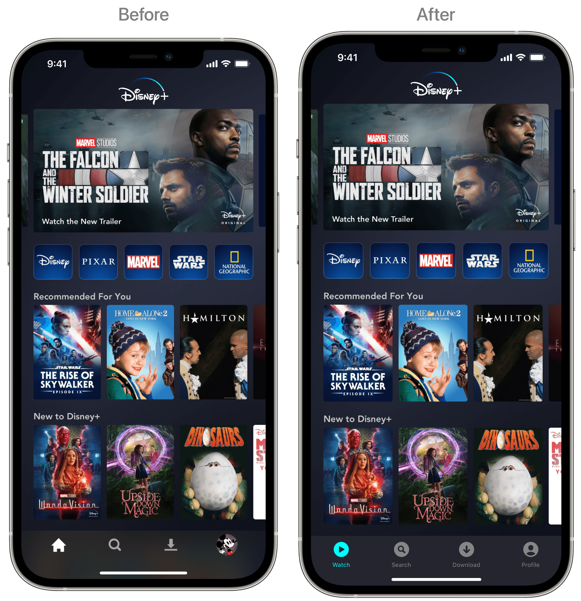 Disney+ home screen navigation before and after the rewrite