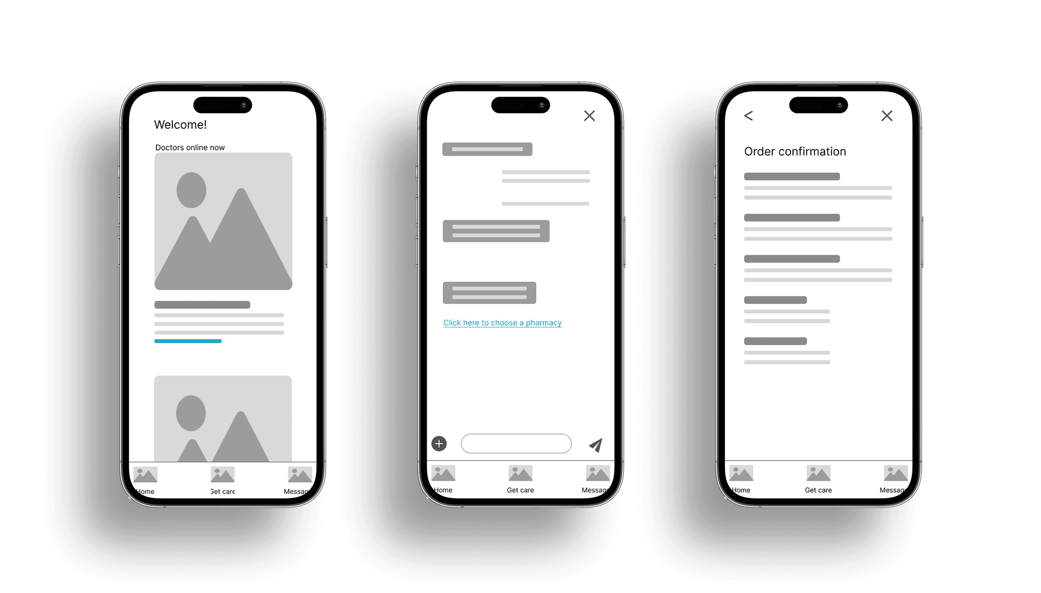 Digital wireframes showing the main flow for the MedConnect application