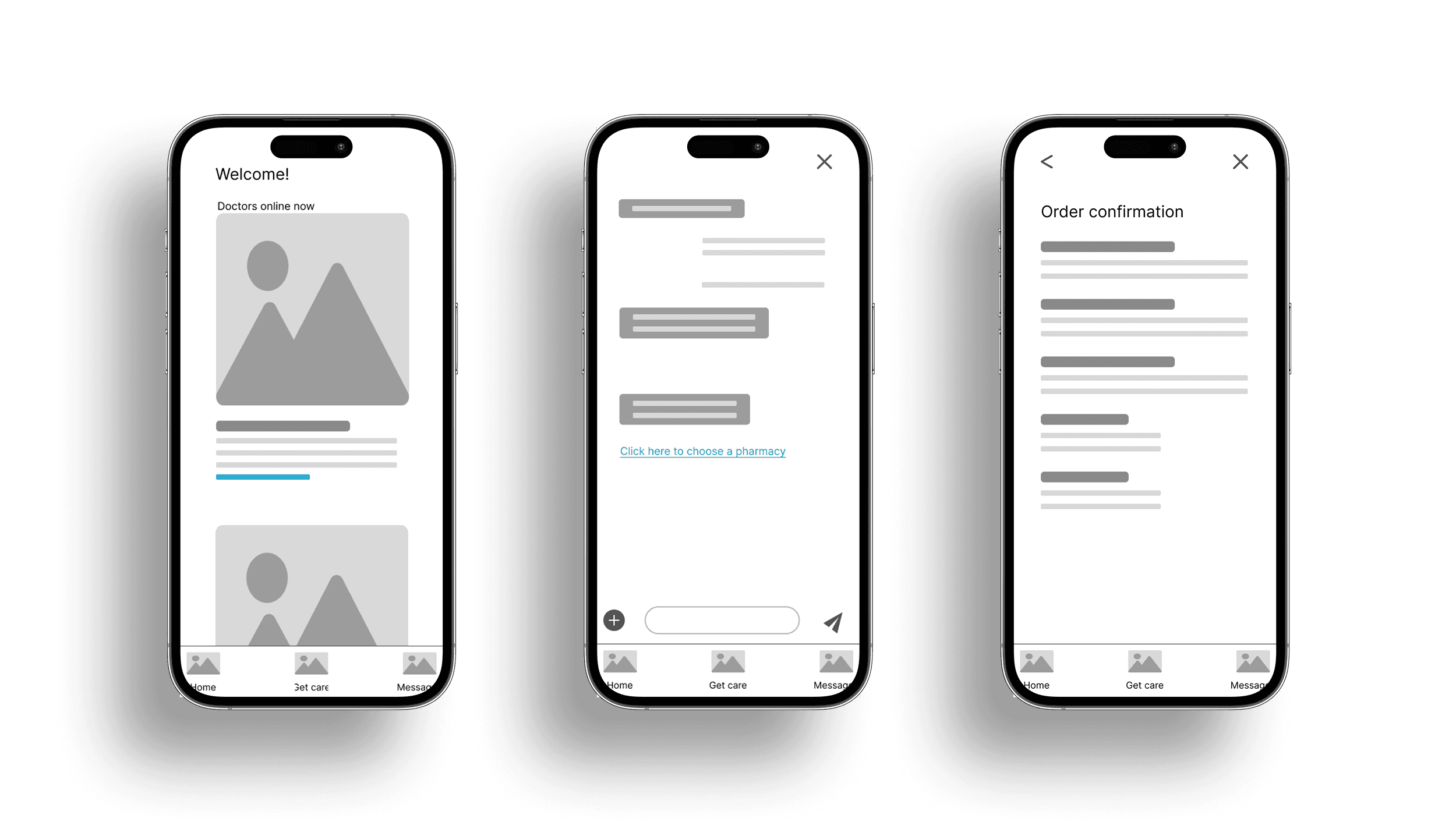Digital wireframes showing the main flow for the MedConnect application