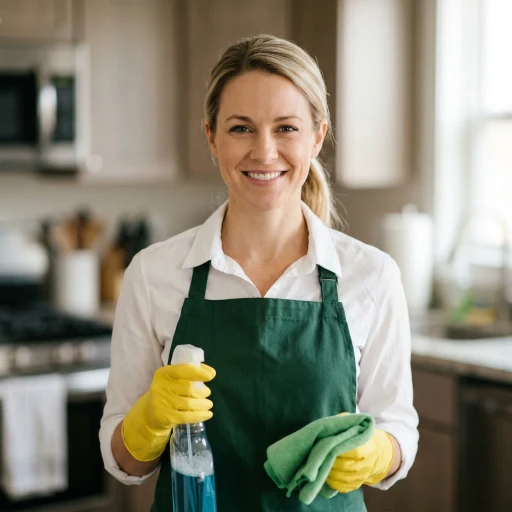 Smiling woman in green apron holding cleaning spray and cloth in kitchen.