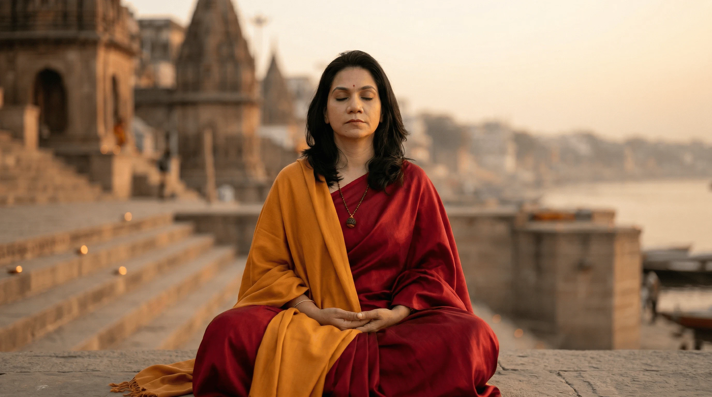 Indian female spiritual guru doing daily  japa sadhana with rudraksha mala at dawn,  representing committed mantra practice  after diksha initiation