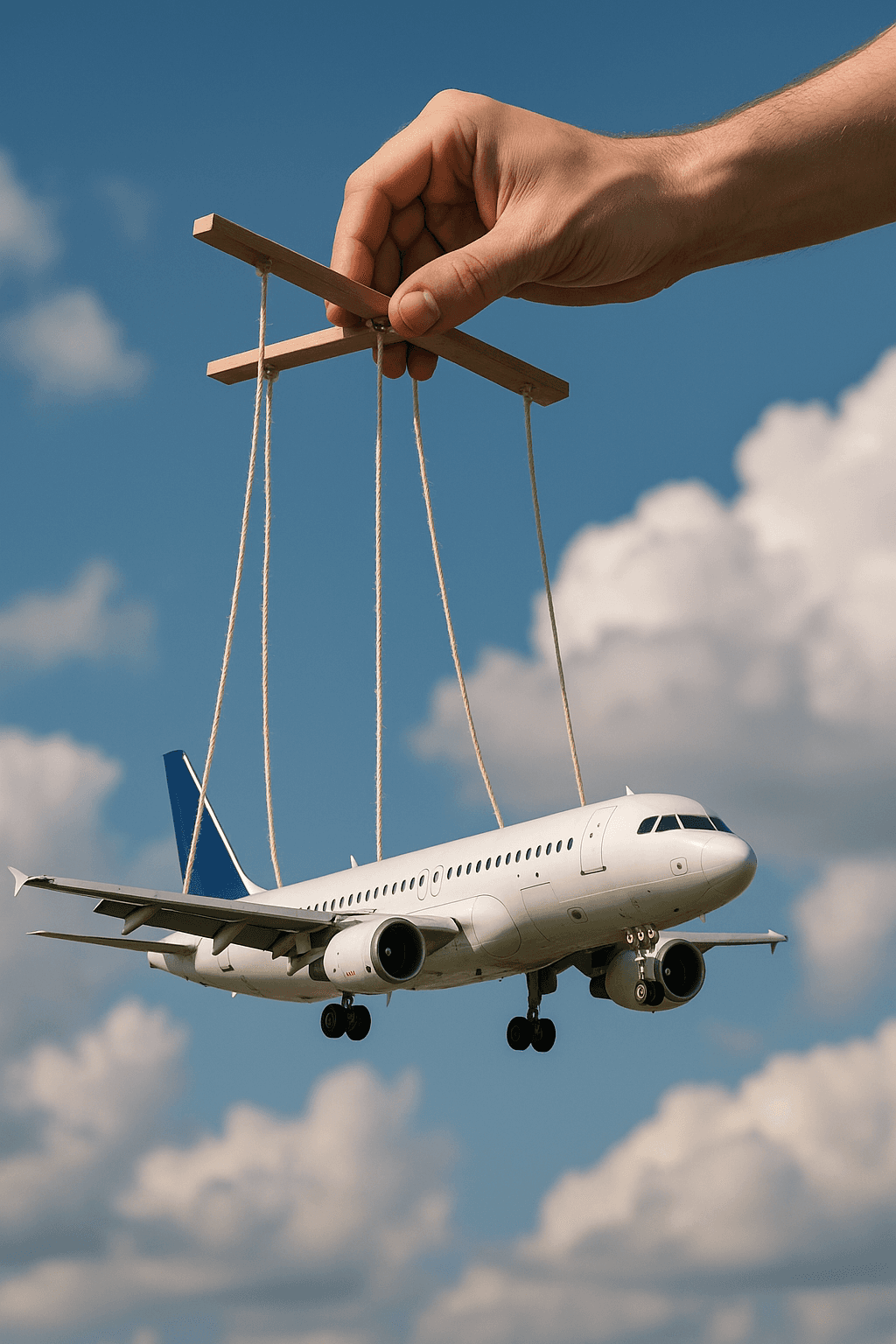 Airplane suspended in the sky by strings attached to a wooden puppet controller held by a hand.