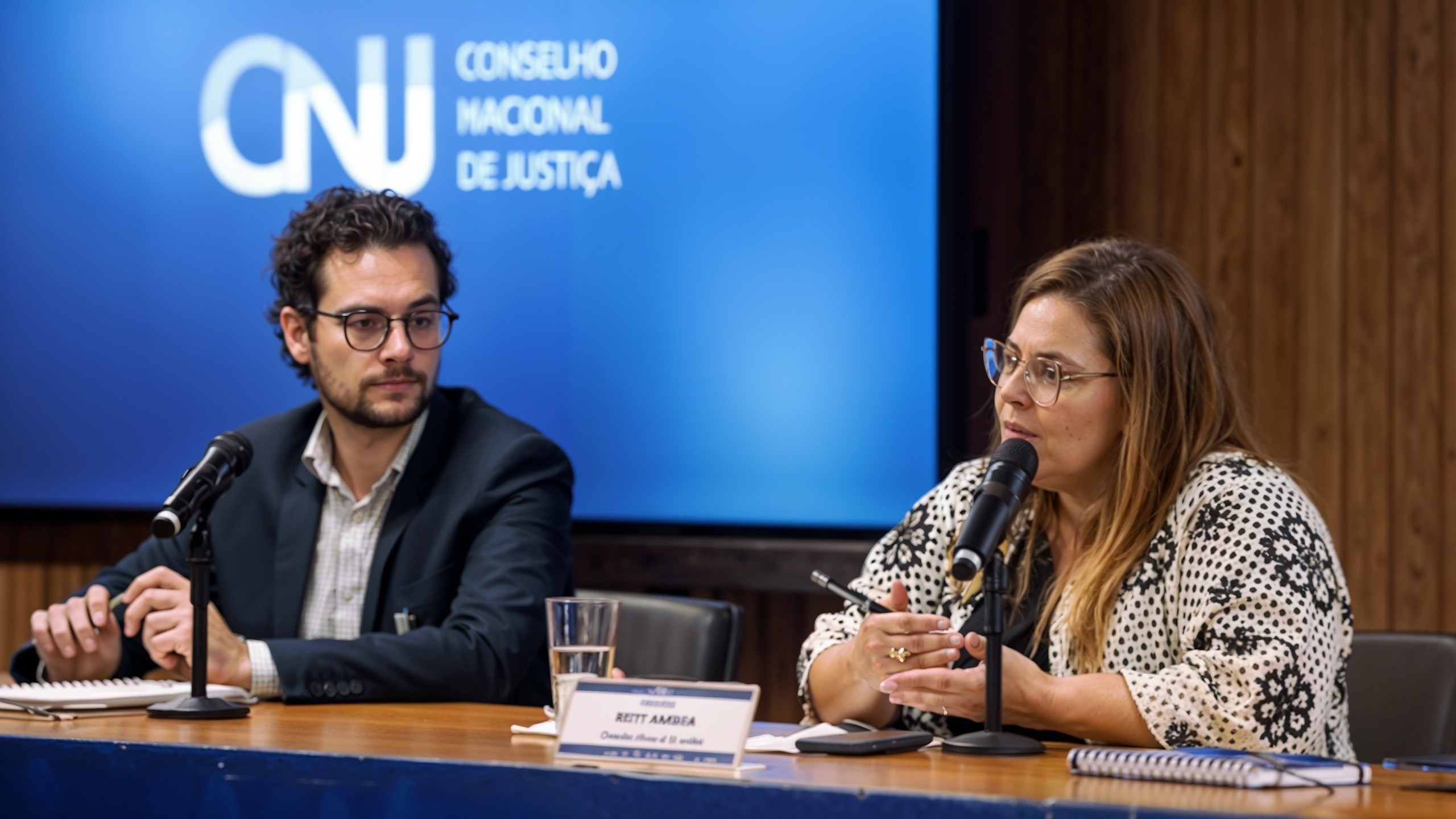 Duas pessoas, um homem e uma mulher, participando de uma conferência no Conselho Nacional de Justiça, com um microfone à frente de cada um e o logotipo do CNJ ao fundo em uma tela azul.