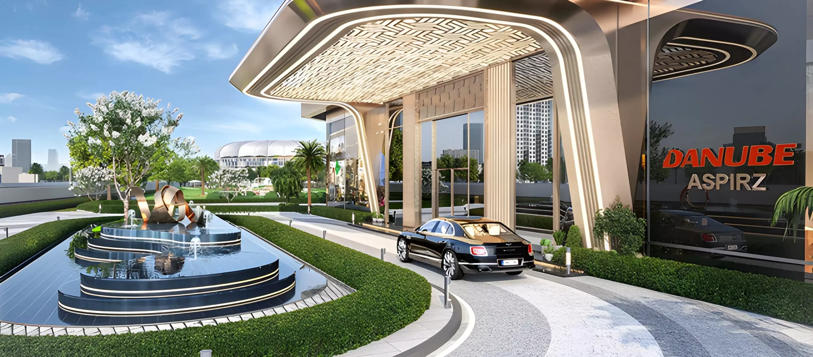 Grand entrance drop-off area at Aspirz by Danube luxury real estate development.