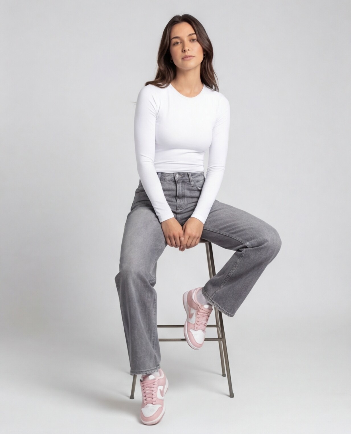 White Long-Sleeve Top with Grey Jeans