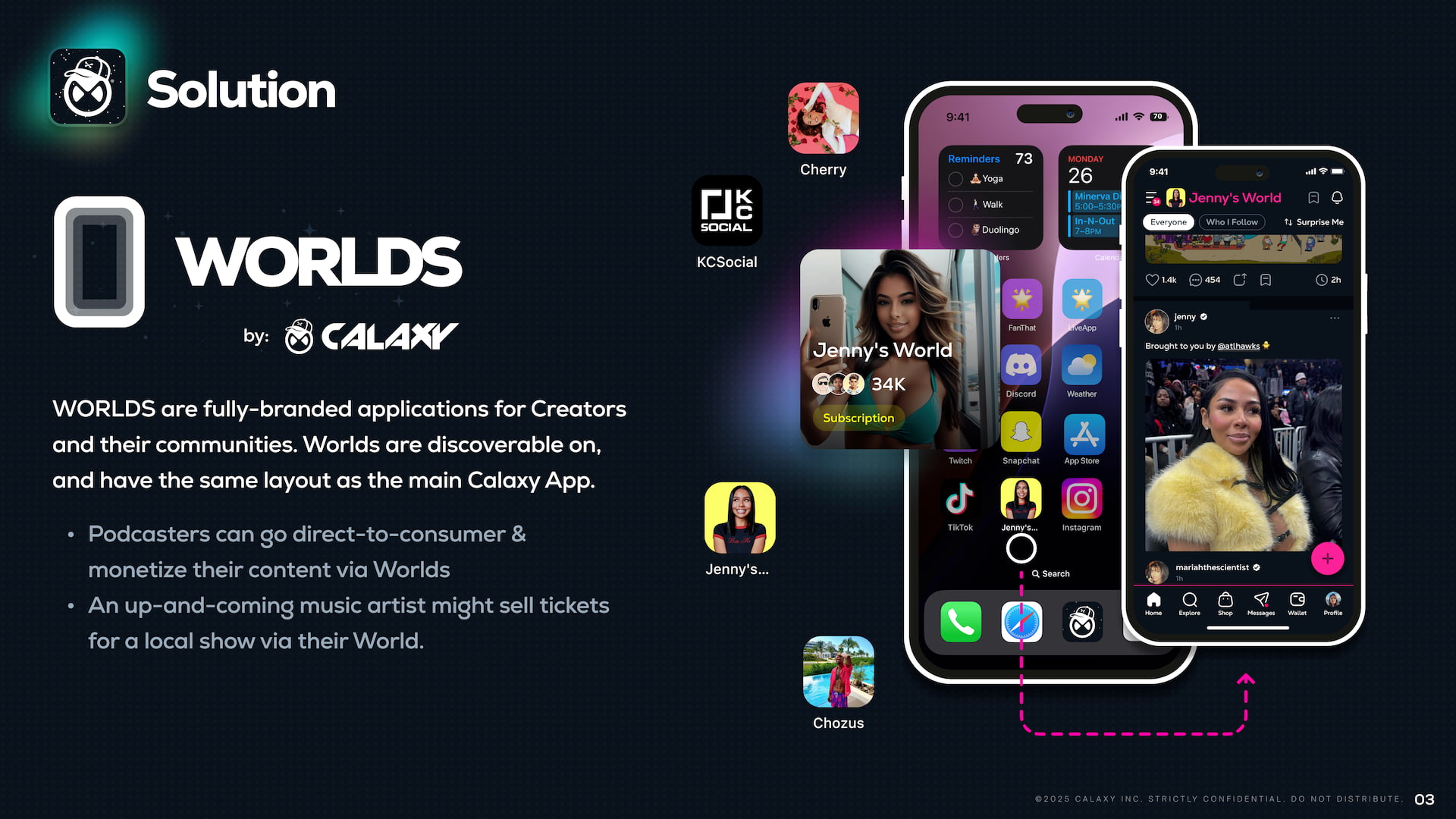 Calaxy pitch deck Worlds feature slide - branded creator apps on iOS home screen enabling direct-to-consumer monetization for podcasters, musicians, and content creators