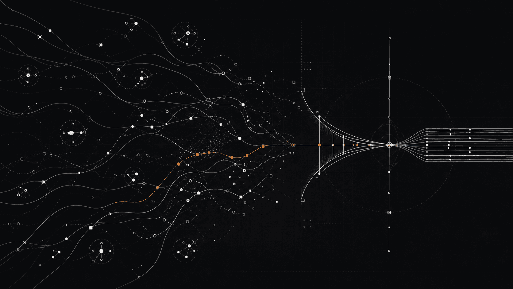 Abstract systems diagram showing fragmented agent activity converging into one coherent venture-wide operating structure.