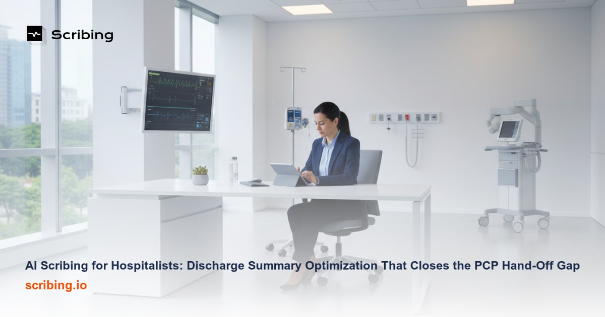 Illustration depicting AI-powered discharge summary optimization bridging hospital and primary care communication for hospitalists