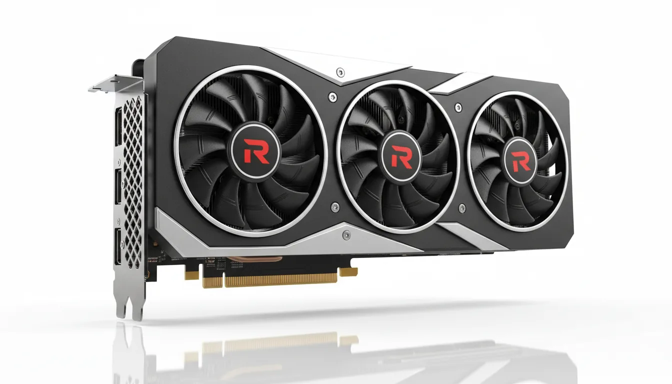Product photography of a modern, high-performance AMD Radeon graphics card, isolated against a pure white studio background. Soft studio lighting provides even illumination, highlighting the matte black shroud with its angular silver accents. The card features a triple-fan cooling system; each fan has a silver ring and a stylized 'R' logo on the hub. The entire device is in tack sharp focus, showing the fine details of the black fan blades, the metal I/O bracket on the left, and the gold PCIe connector along the bottom.