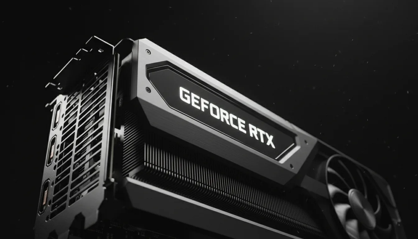 DSLR product photography of an NVIDIA RTX 3080 Founders Edition graphics card, dramatic low-angle close-up shot against a pure black studio background. Cinematic contrast and soft studio lighting highlight the sleek contours, matte black finish, and brushed gunmetal accents of the industrial design. The focus is sharp on the intricate cooling fins and the angular chassis.