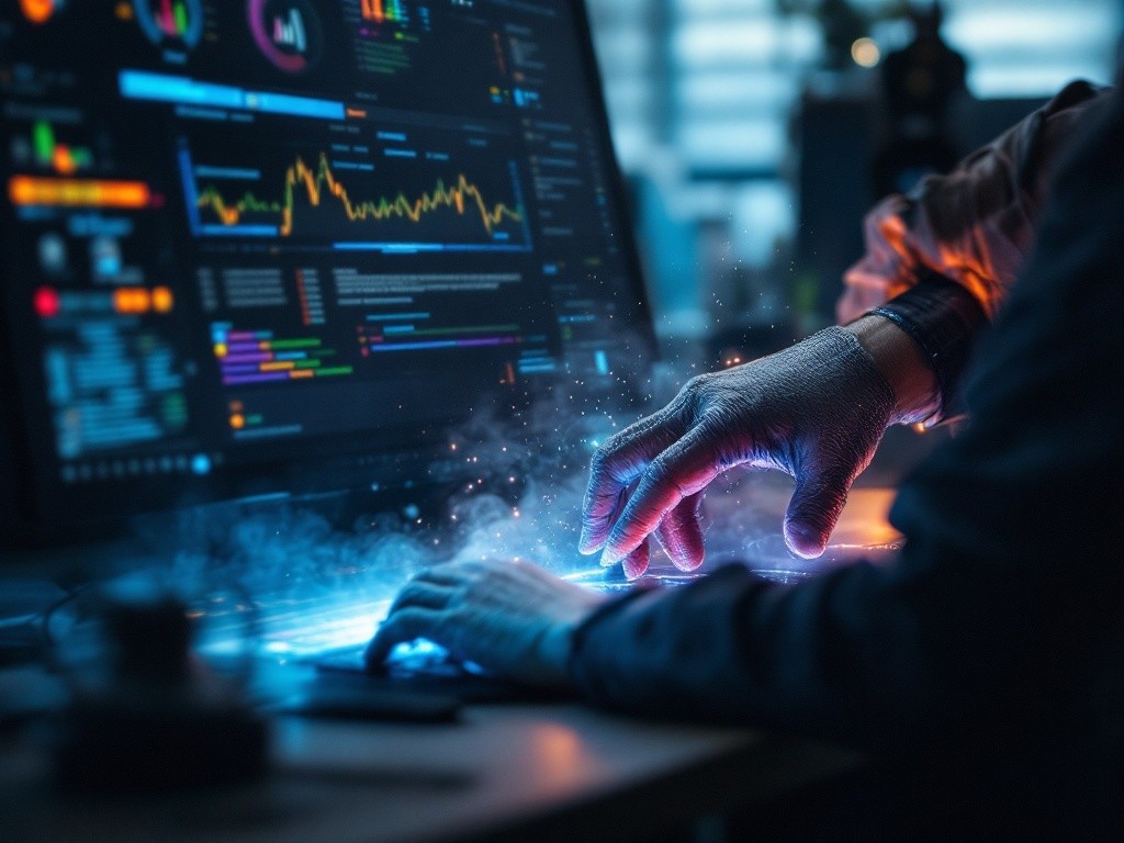 A person's hands hover over a glowing laptop keyboard, with data and charts displayed on the screen.