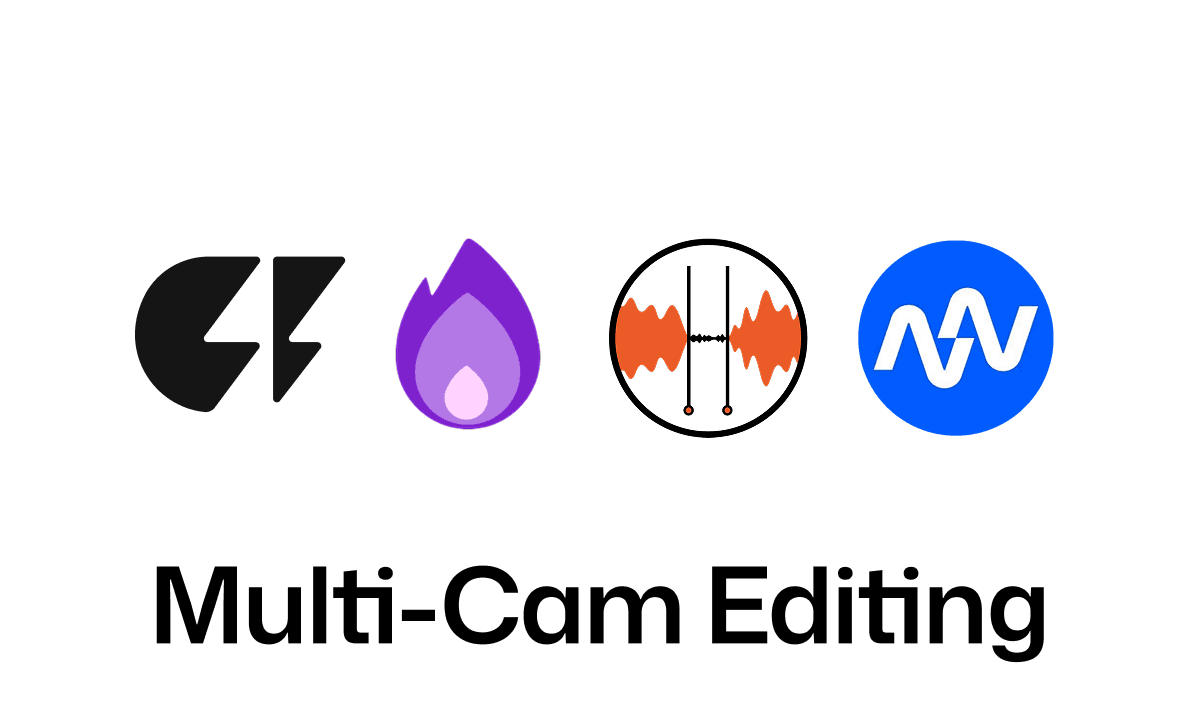 Cutback, firecut, autocut, and autopod icons of video editing tools displayed above the text “Multi-Cam Editing,” representing a comparison of Premiere Pro multicam plugins.