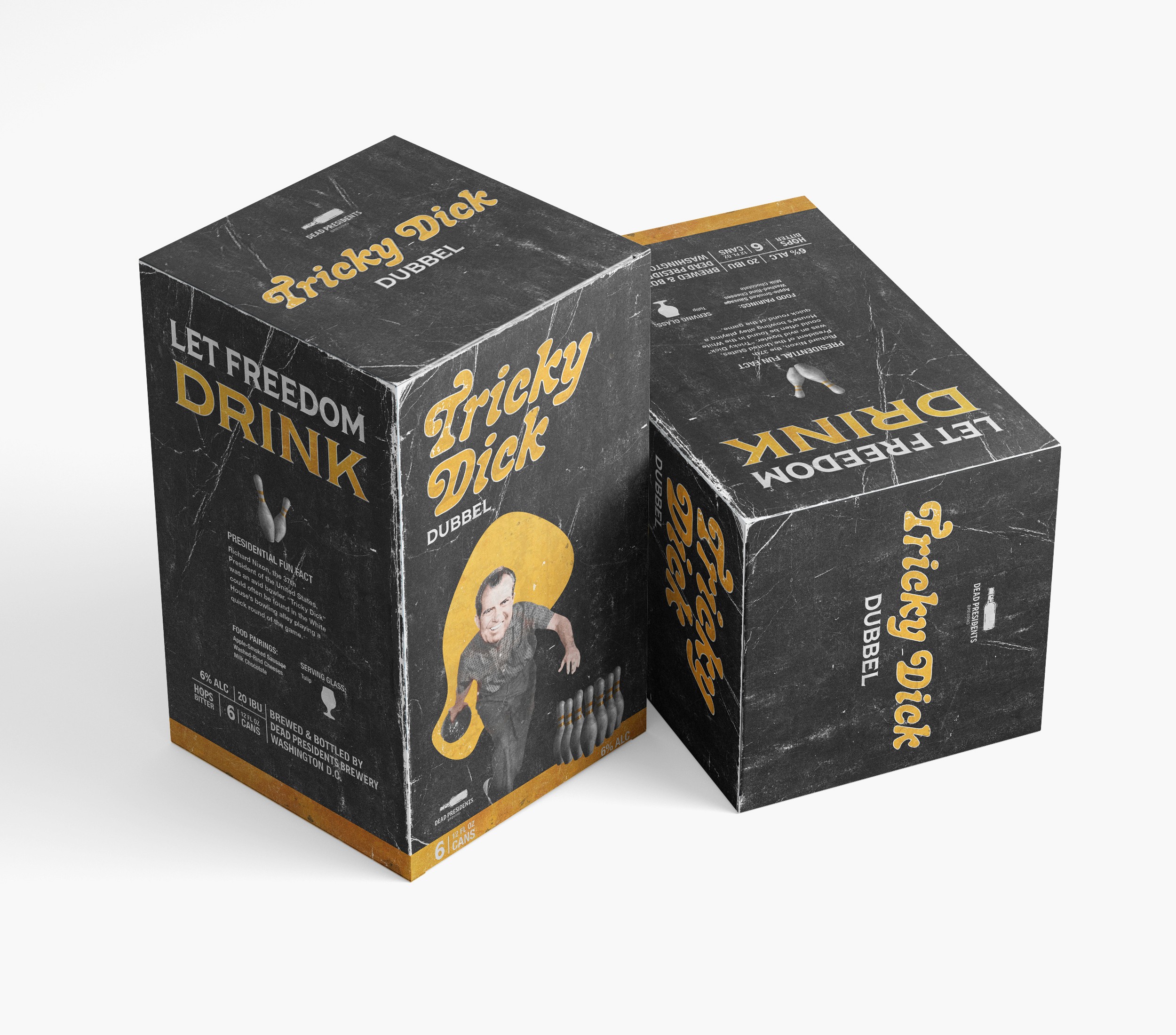 Dead Presidents Brewing 6 pack box design for Tricky Dick beer