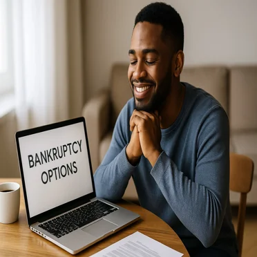Person exploring bankruptcy options on laptop with hopeful expression