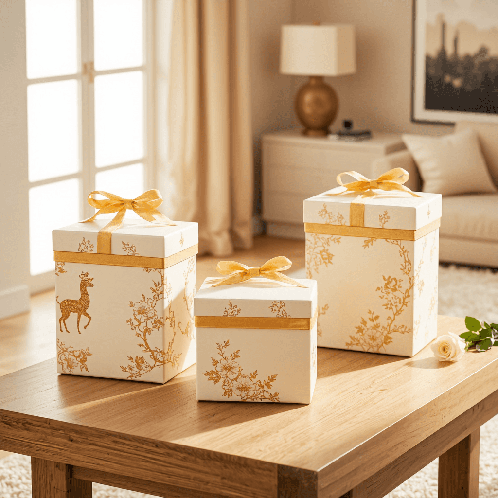 product photography of set of decorative gift boxes with lids