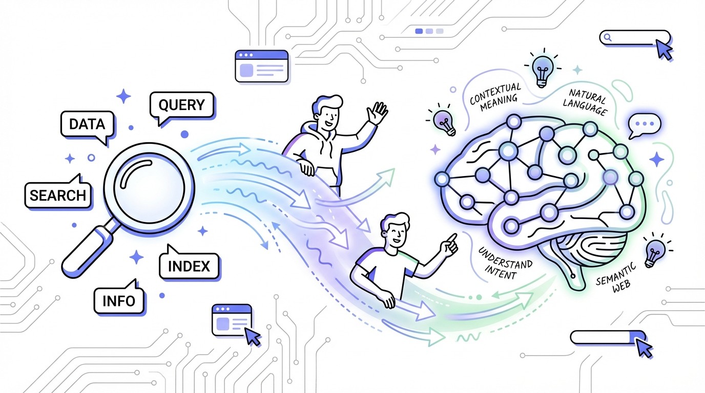 Illustration showing a magnifying glass with isolated keywords on the left transforming into a glowing neural network brain with interconnected concepts on the right, symbolizing the shift from keyword to semantic search.