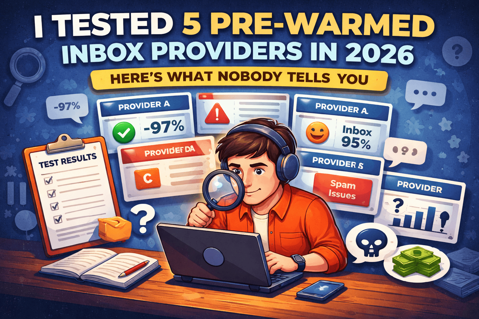 testing five pre-warmed inbox providers on a laptop with analytics dashboards showing inbox rates, spam warnings, and performance results in 2026.