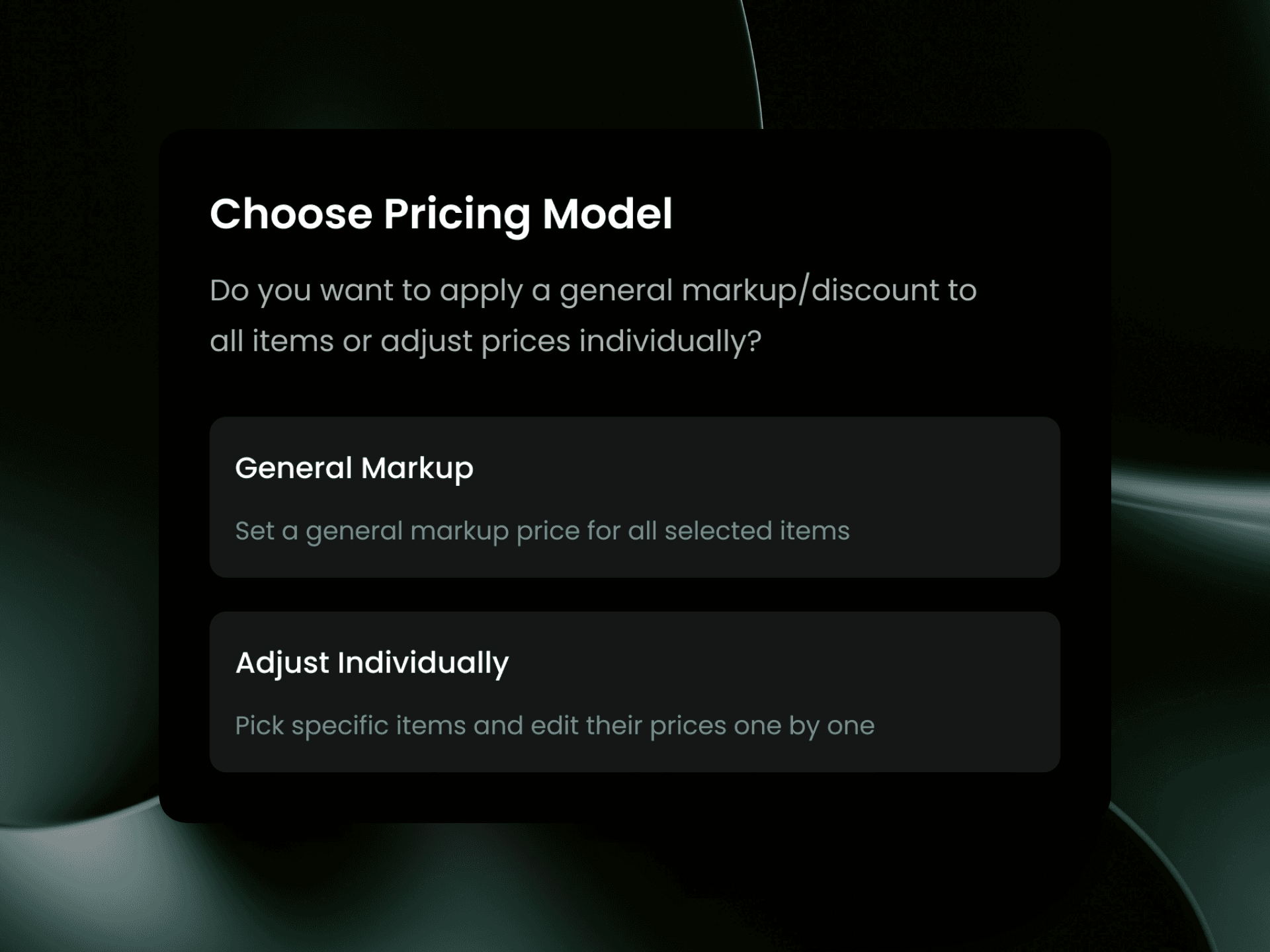Screenshot of the Staackbooks pricing model selection screen with options for general markup or individual item adjustment.