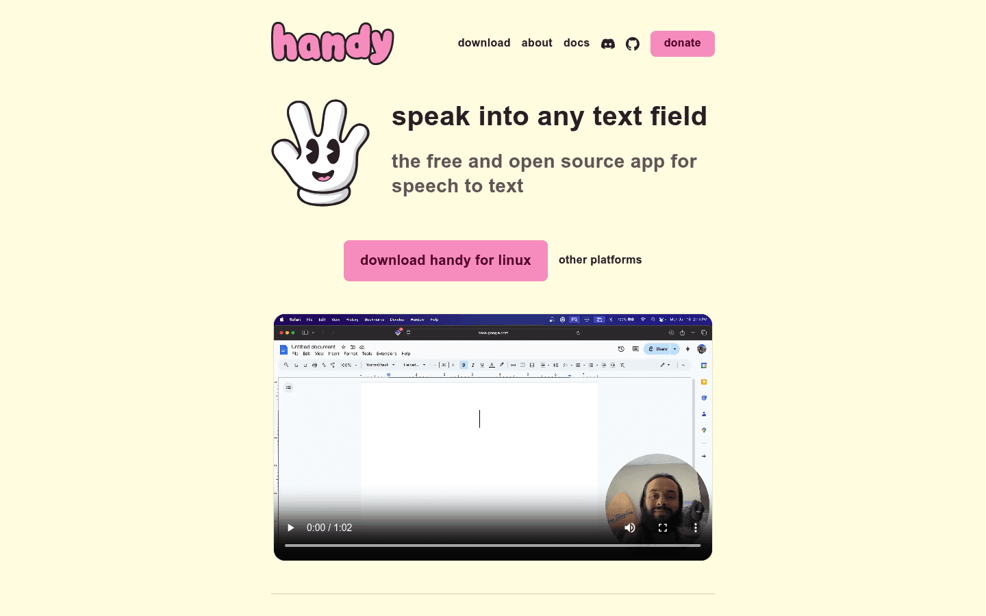 Handy homepage showing free open source speech to text