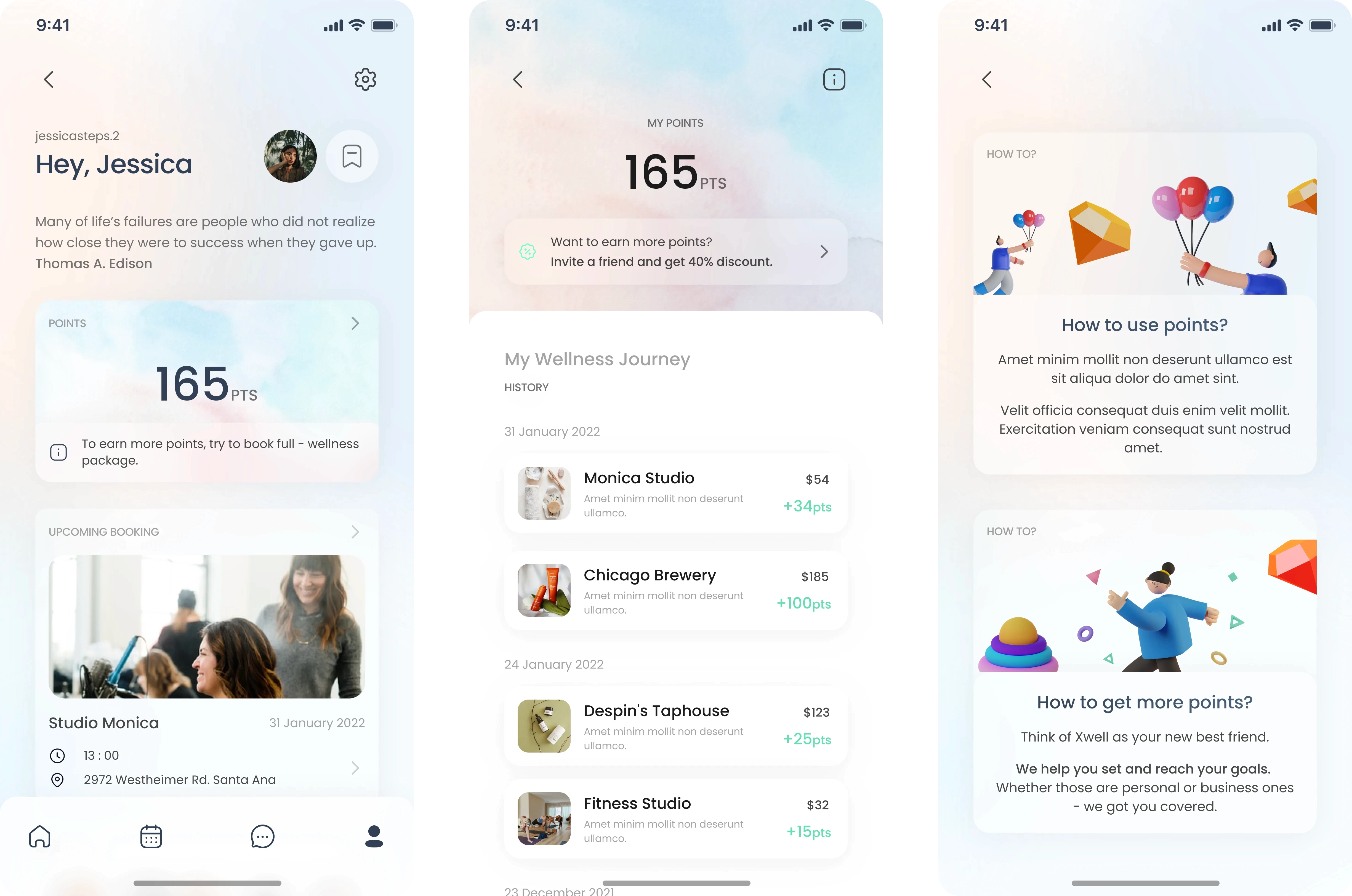 Set of redesigned Xwell mobile app screens showing the user rewards and wellness journey experience. The first screen welcomes Jessica, displaying her points balance, upcoming bookings and motivational content. The second screen highlights 165 reward points and a detailed history of completed beauty and wellness appointments, each showing studio name, price and points earned. The third screen presents illustrated ‘How to use points?’ and ‘How to get more points?’ guides that explain benefits and ways to increase rewards. Soft gradients, clean layouts and friendly visuals reflect Xwell’s modern, gamified approach to beauty and wellness service discovery and booking.