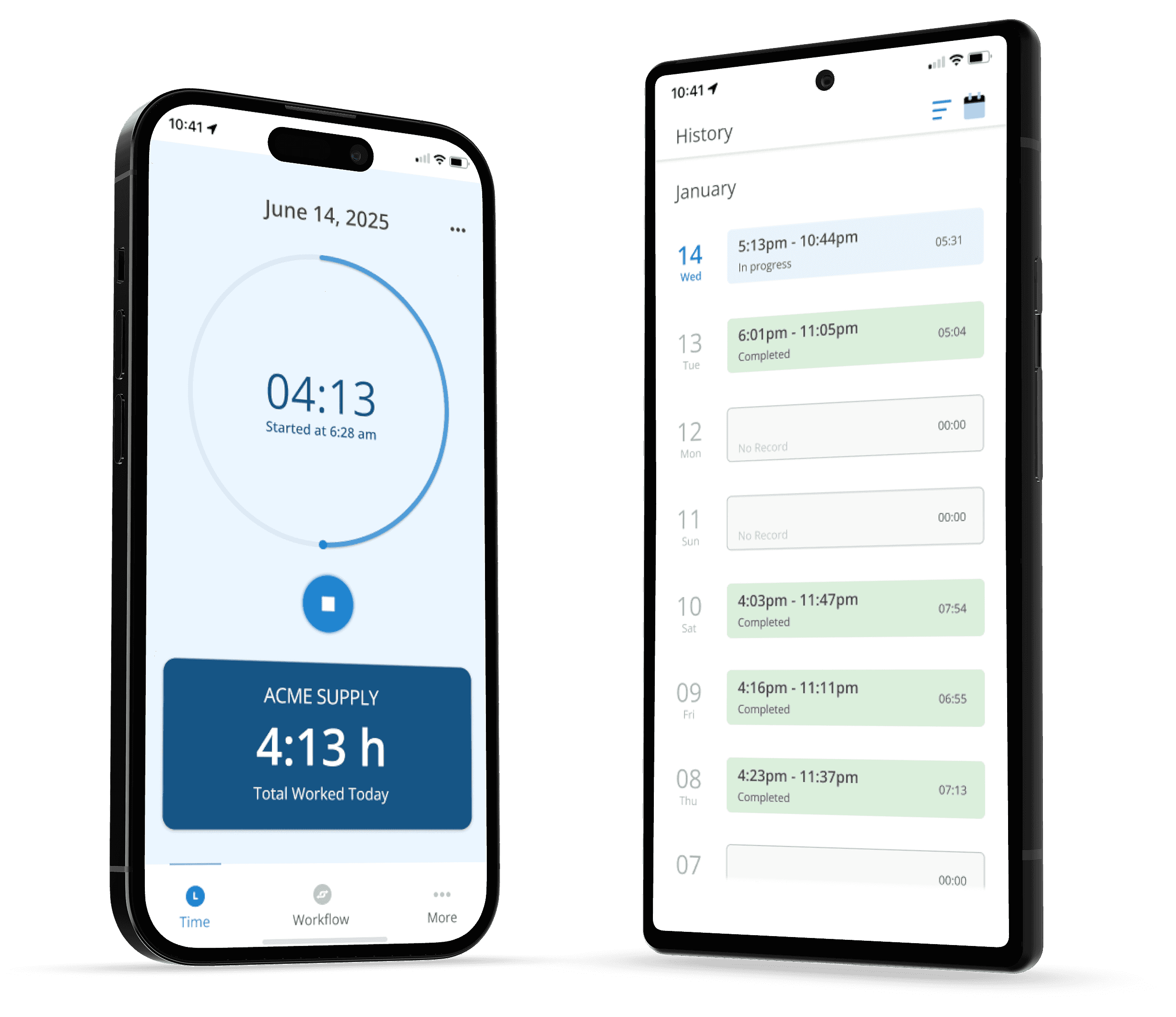 TimeTracker mobile app on phone and tablet showing active 4:13 shift timer and monthly history view demonstrating simple clock-in functionality included with all retail plans