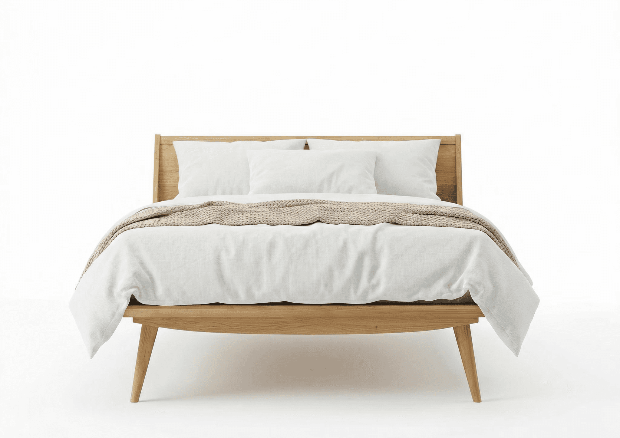Wood‑framed bed with angled legs, slim profile, and visible joinery details