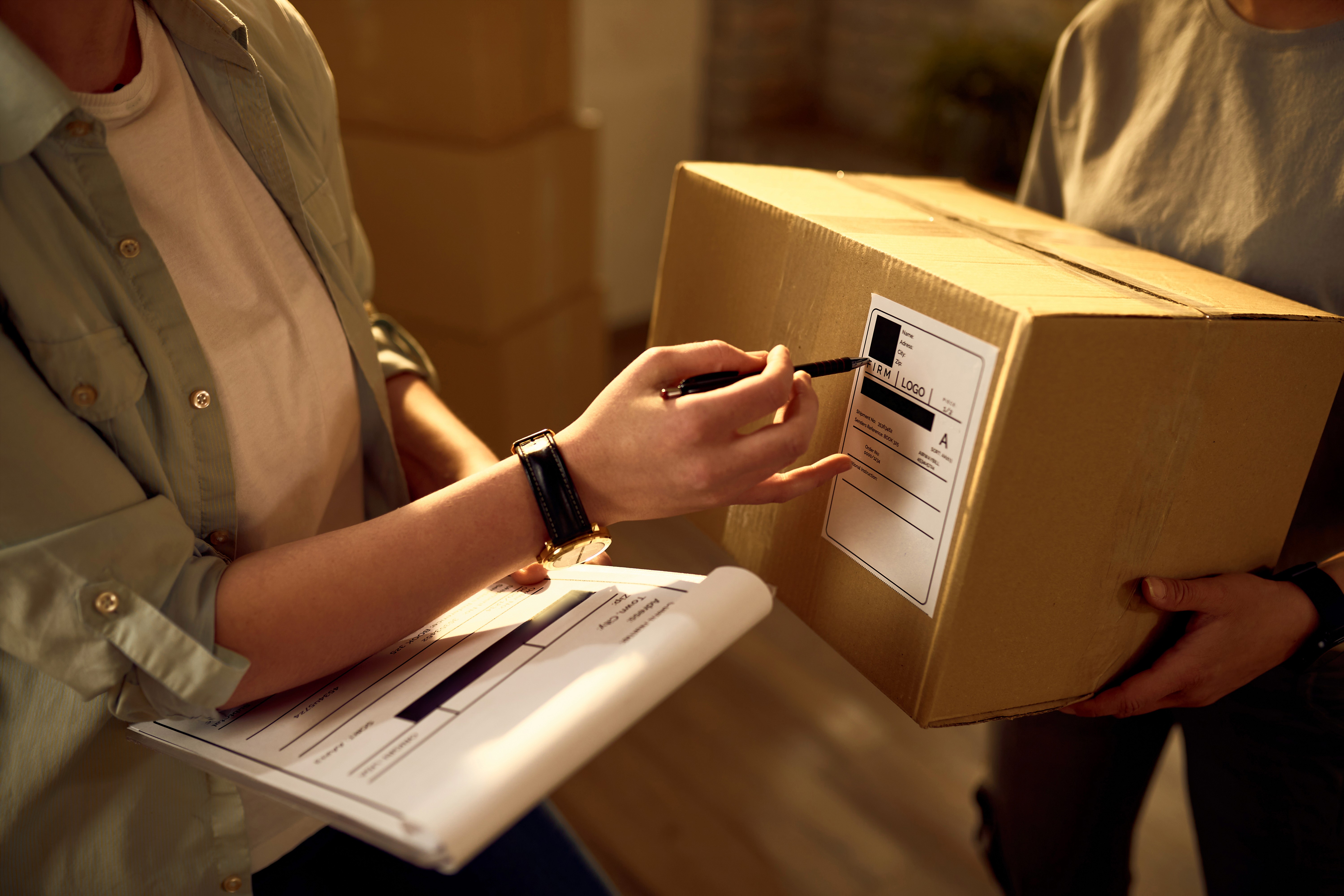 Two individuals are handling a cardboard box. One holds a clipboard while pointing at the shipping label. The setting is warm and professional.