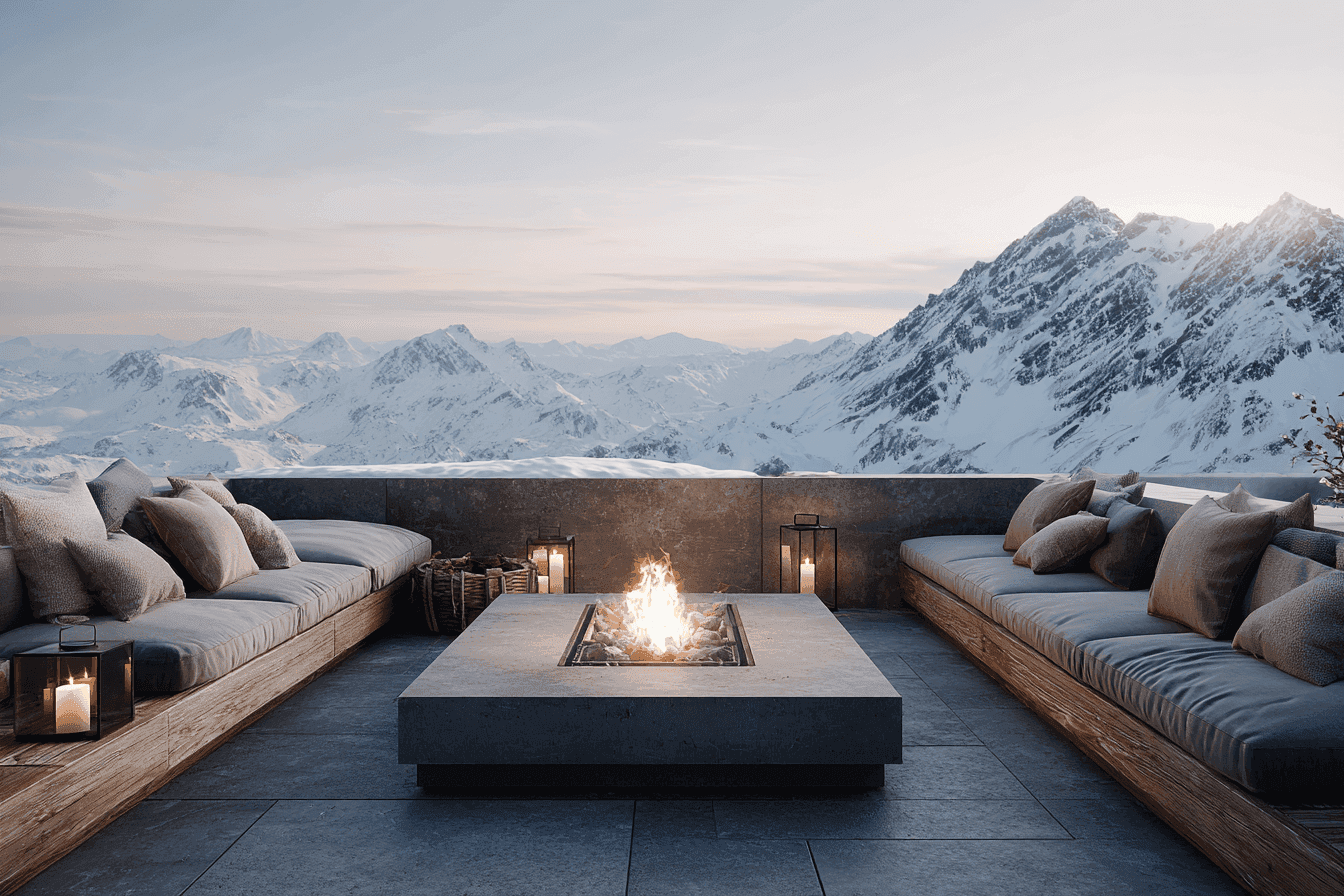 Terrasse avec vue sur les montagnes enneigées des Pyrénées