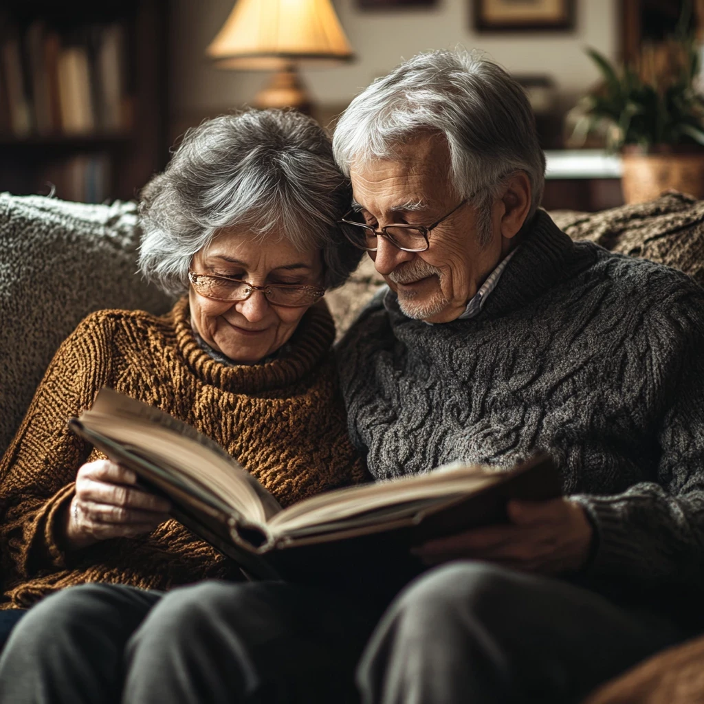 "A grandmother and granddaughter sitting on a couch, flipping through a beautifully designed life story book filled with photos and stories.