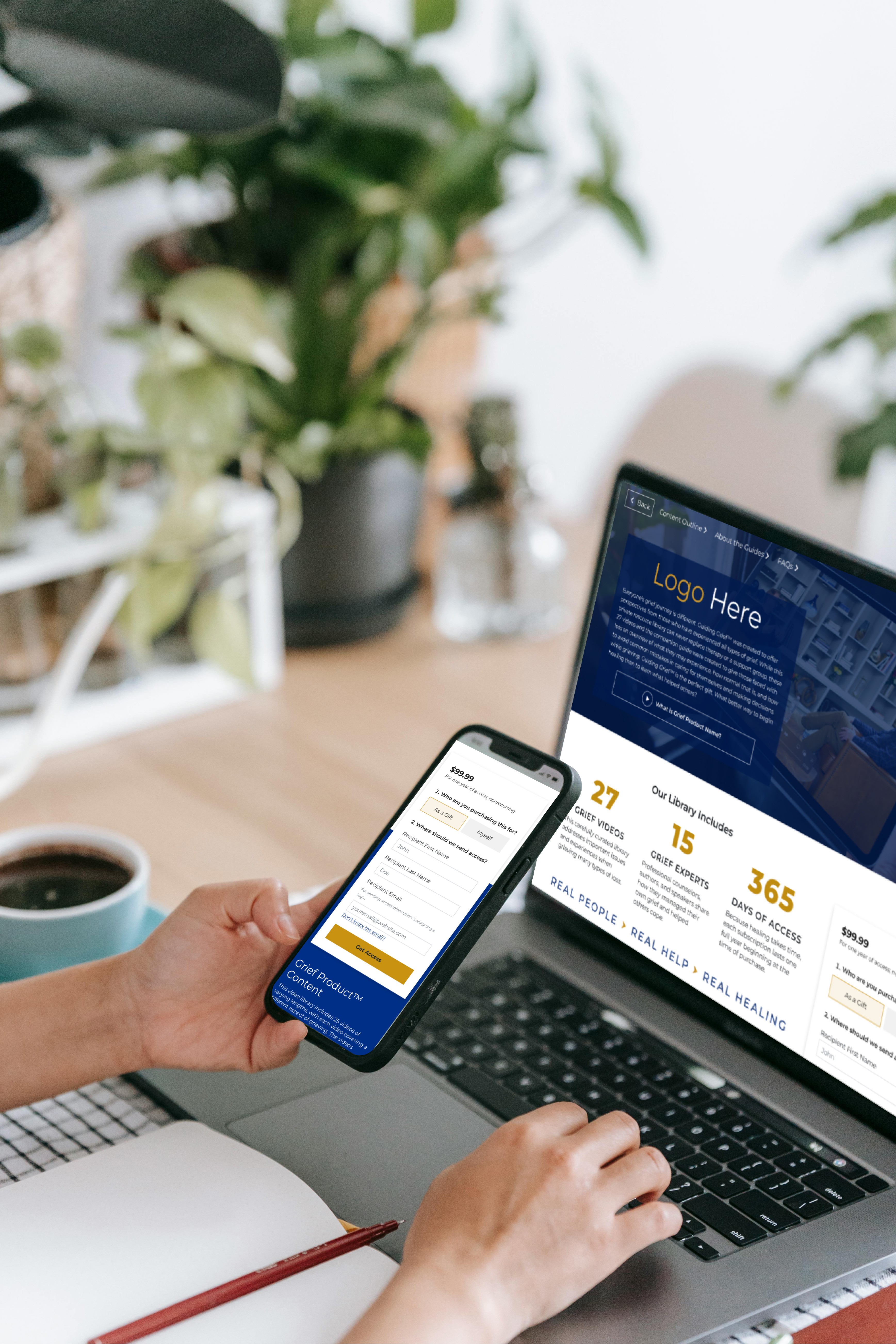 Mockup displaying product page for grief couseling product on phone and laptop