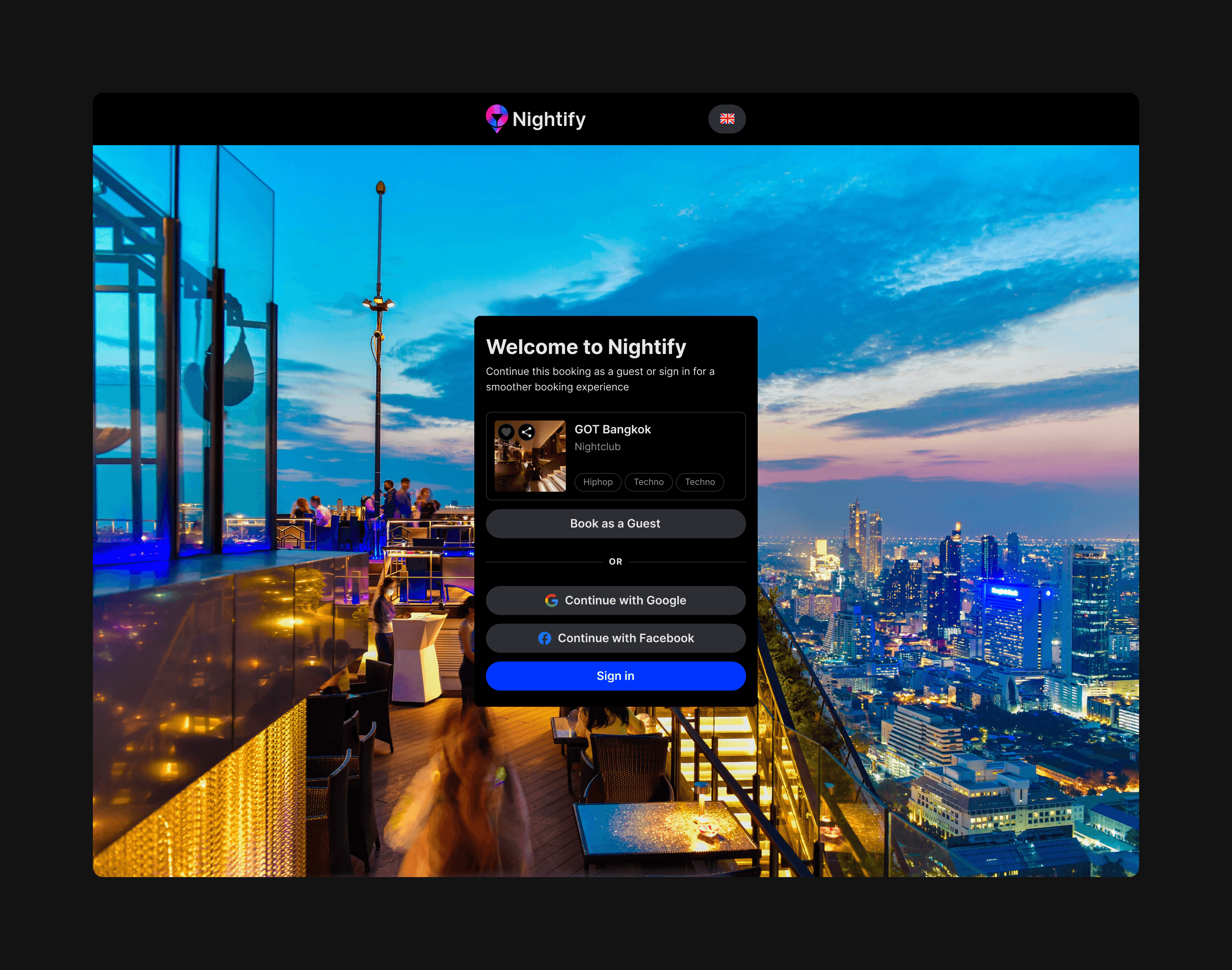 Nightify desktop landing page featuring a stunning rooftop bar background. A centered "Welcome to Nightify" login modal is displayed, offering streamlined "Continue with Google" or "Facebook" social authentication options for users.