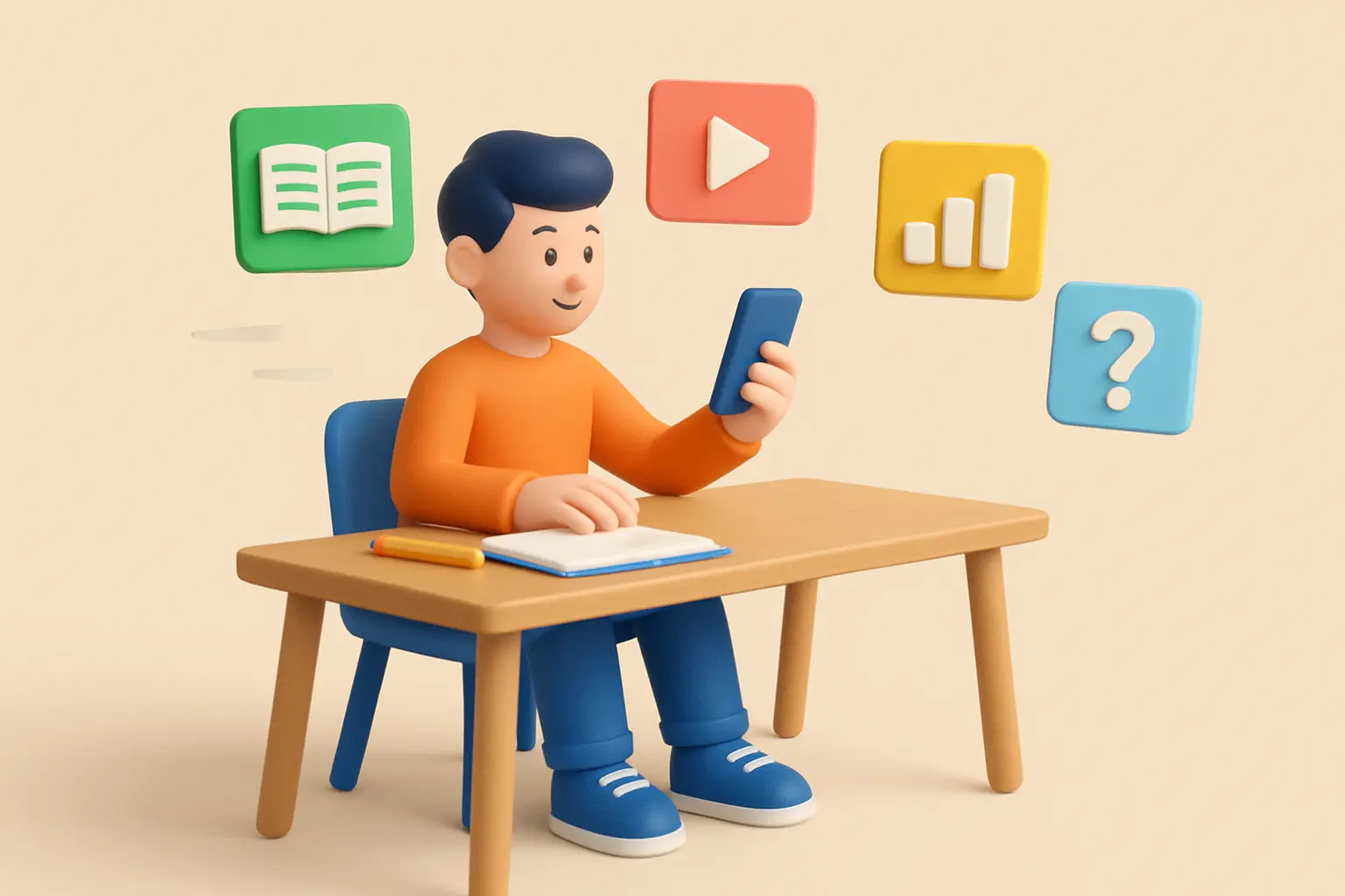Illustration: Mann sitzt am Schreibtisch mit seinem Handy zum Lernen