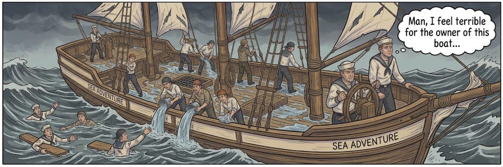 Sailors struggling against an angry sea. One thinks of the owner of the boat.