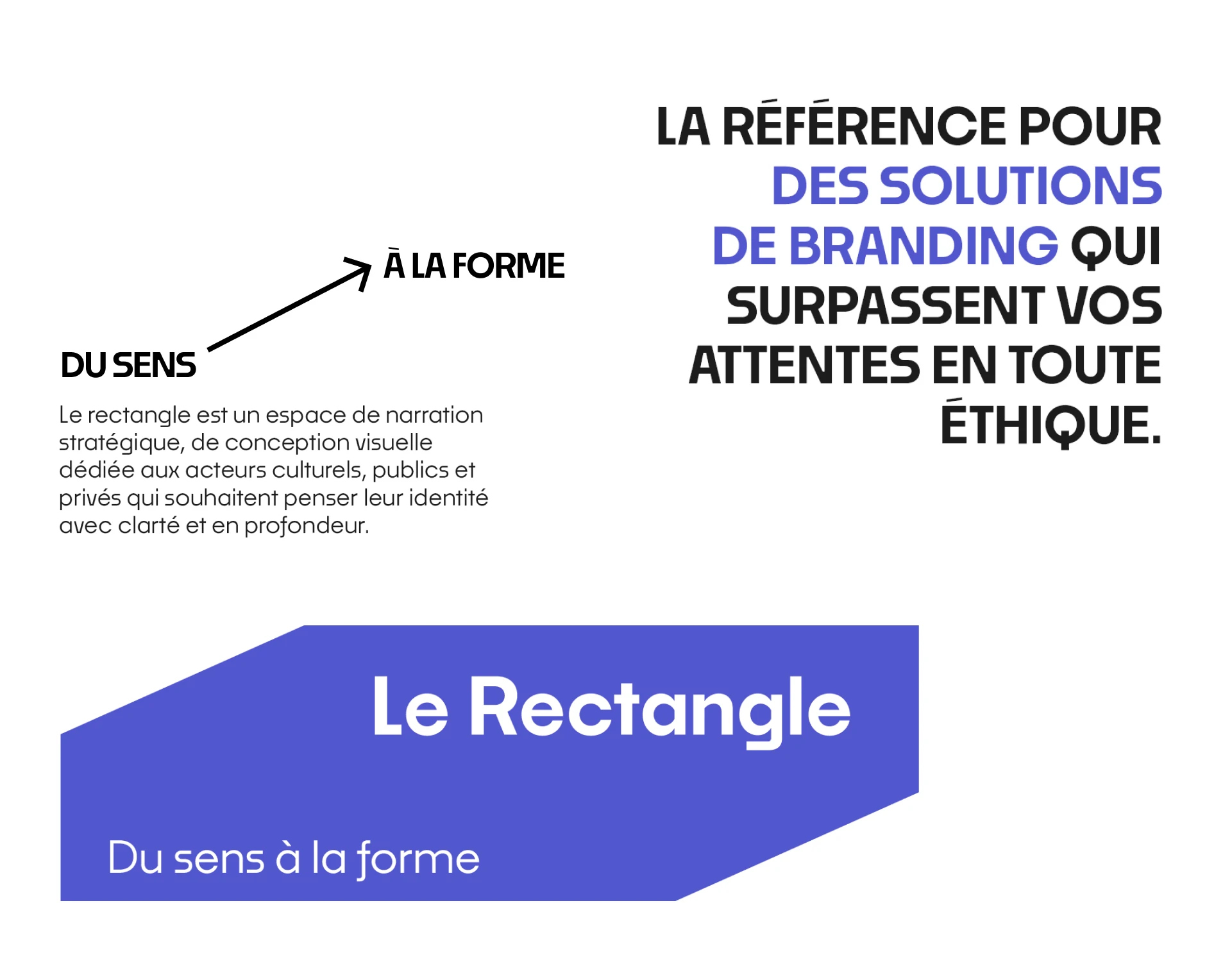 Slide de presentation du studio Le Rectangle expliquant la promesse Du sens a la forme et sa position de reference en solutions de branding.
