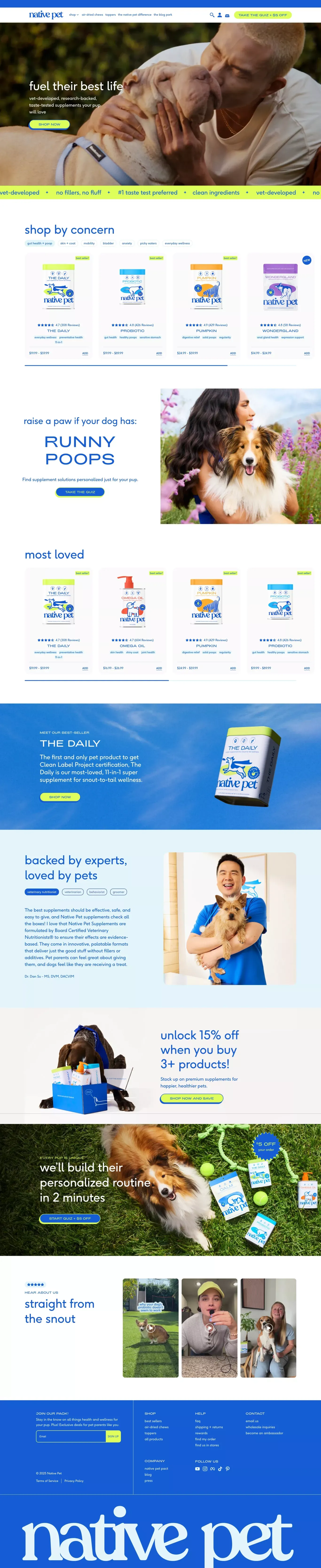 Native Pet Dog Supplements landing page screenshot showcasing Animals and Ecommerce design