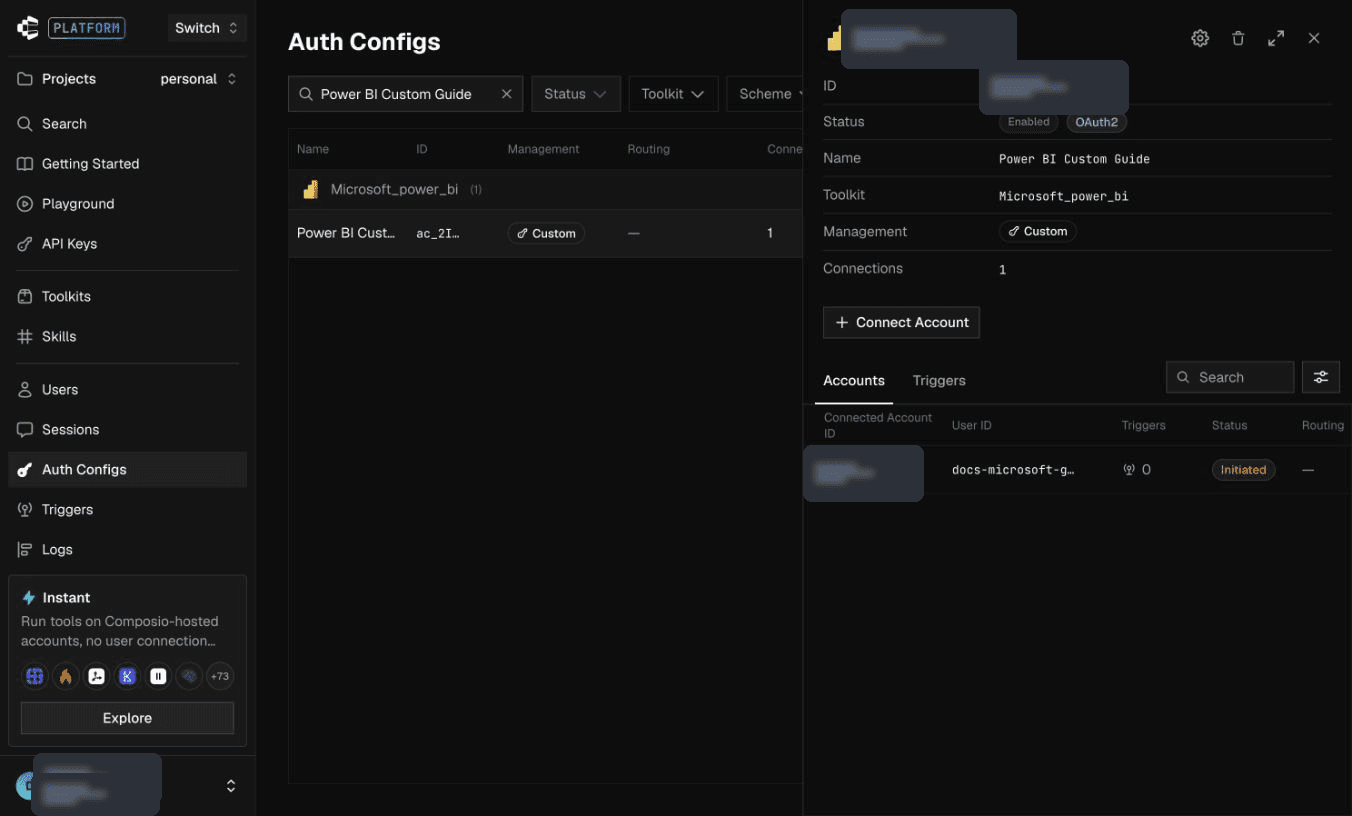 Power BI Connect Account button