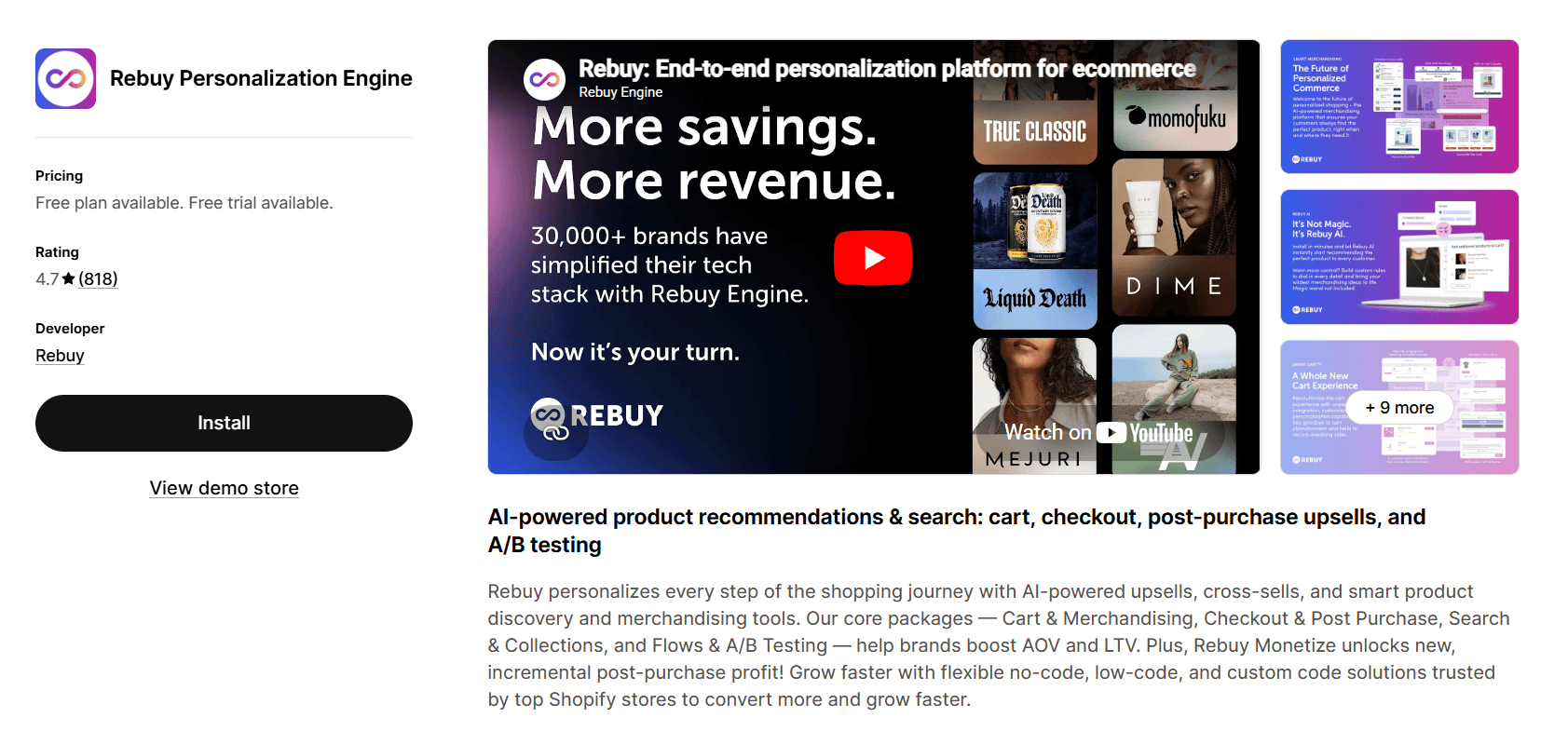 Rebuy personalization engine on the Shopify App Store