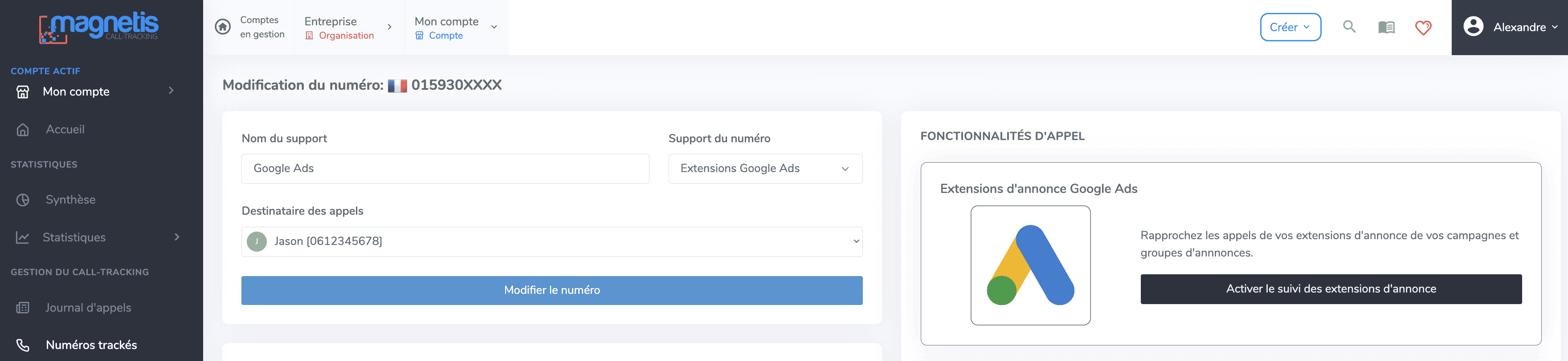 Modifier support numéro