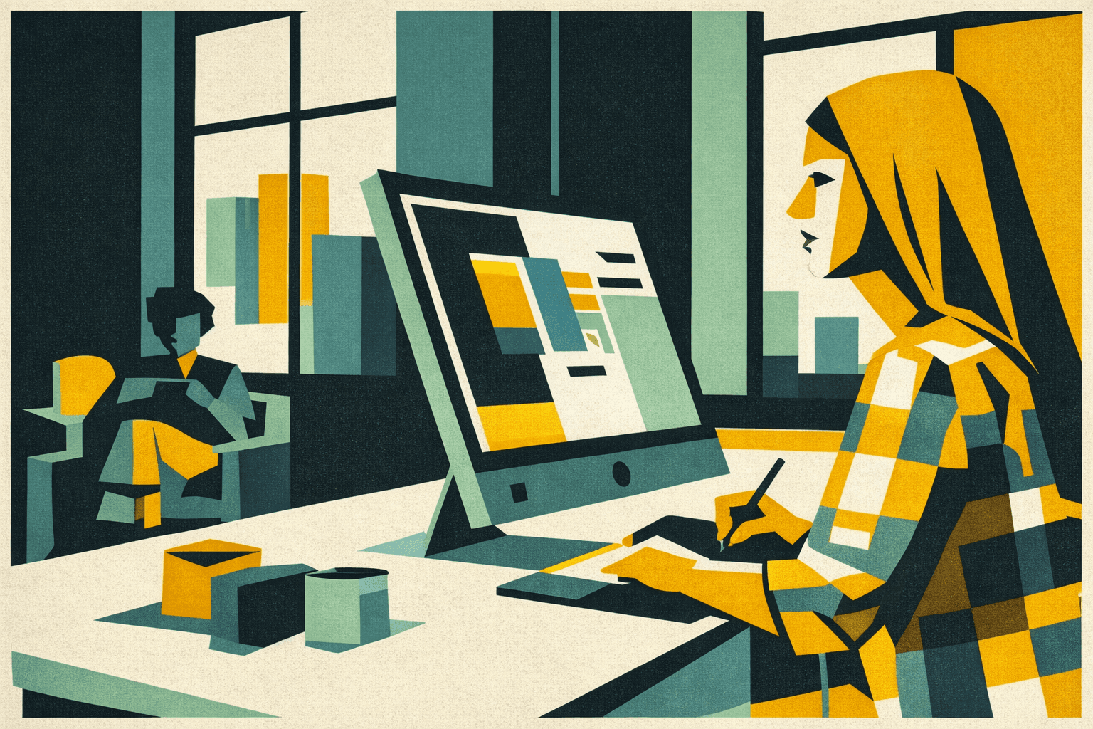 Designer junior lavora su un progetto creativo al computer in uno spazio condiviso, contesto di primo impiego e crescita professionale.