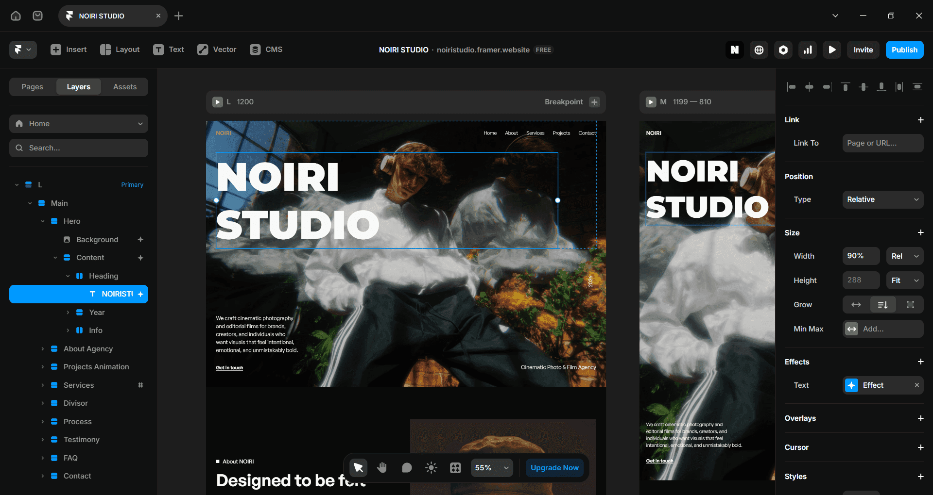 Screenshot of the Framer design interface showing a website project for Noiri Studio with desktop and mobile layouts.