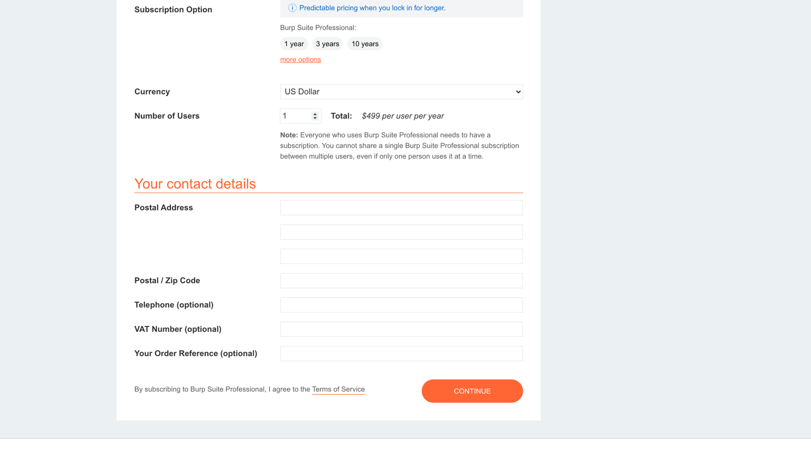 Burp Suite order form showing subscription options of 1, 3, and 10 years, US Dollar currency, and a total of $499 per user per year