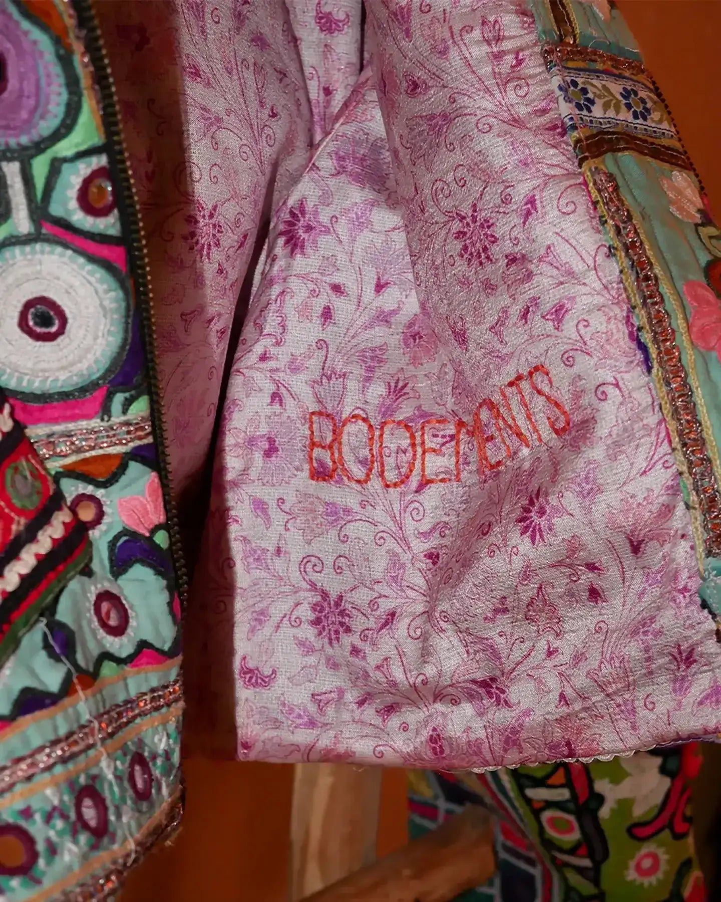 Chola No. II hand-embroidered jacket made from vintage Rabari Cholis with intricate threadwork, mirror detailing, and bold motifs in a contemporary silhouette.