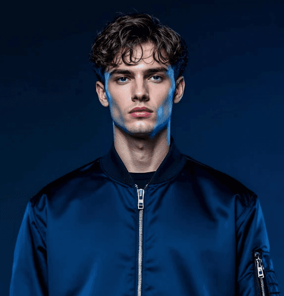 Moody studio headshot of a young man with curly dark hair and piercing blue eyes, staring directly at the camera with a serious expression; illuminated by cool blue rim lighting against a solid navy background, wearing a shiny navy satin bomber jacket with silver zipper details.