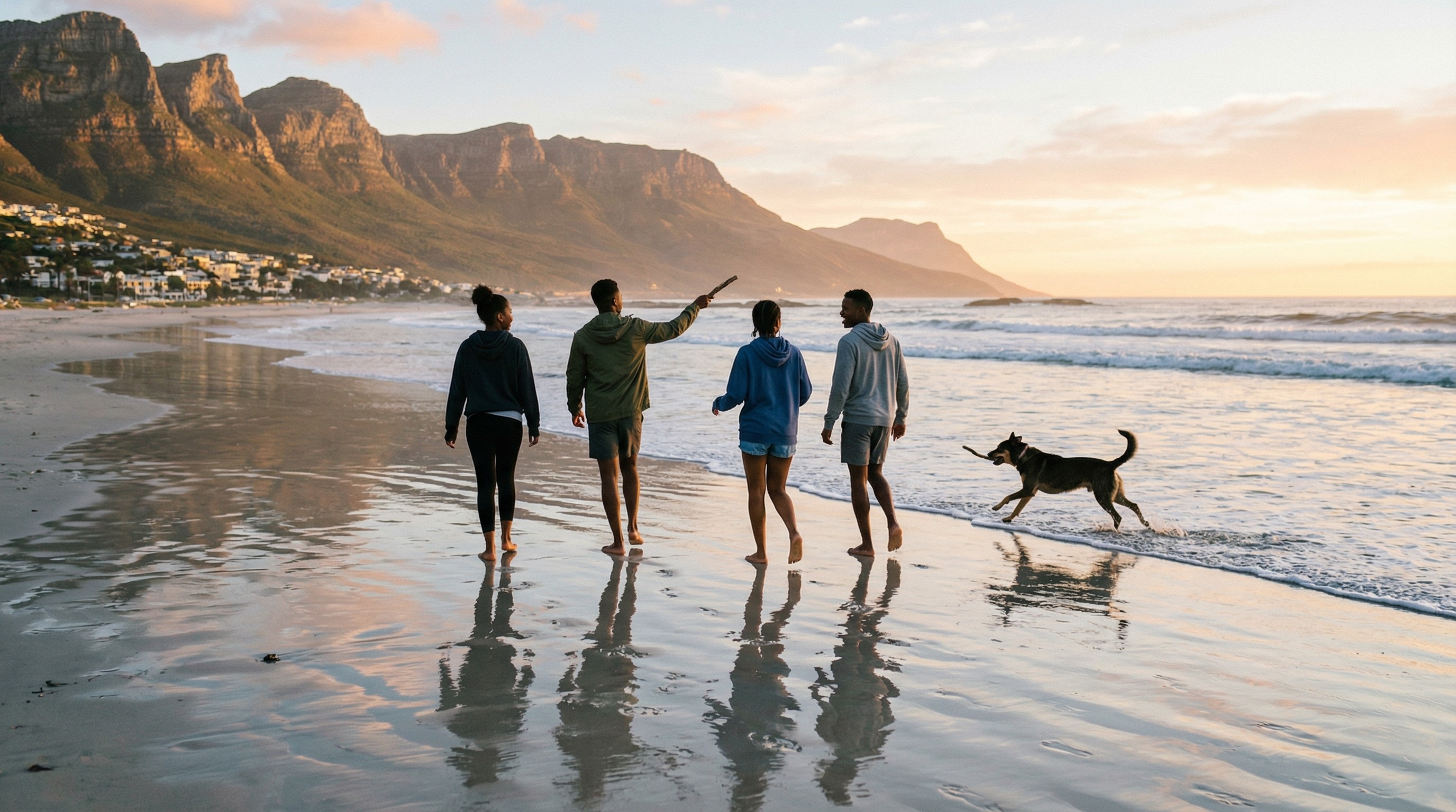 Group of young African friends playing with a dog and walking along the shoreline of Camps Bay Beach at sunrise with a long shadow on the wet sand