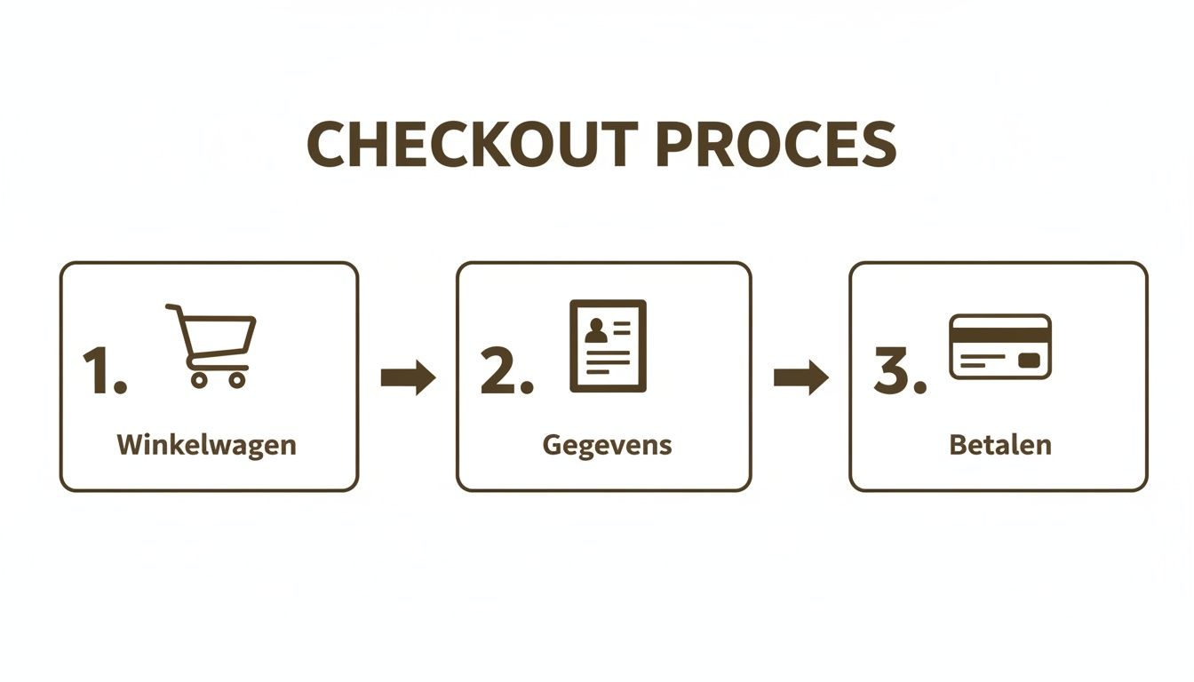 Een diagram dat het checkout proces toont met drie stappen: winkelwagen, gegevens invullen en betalen.