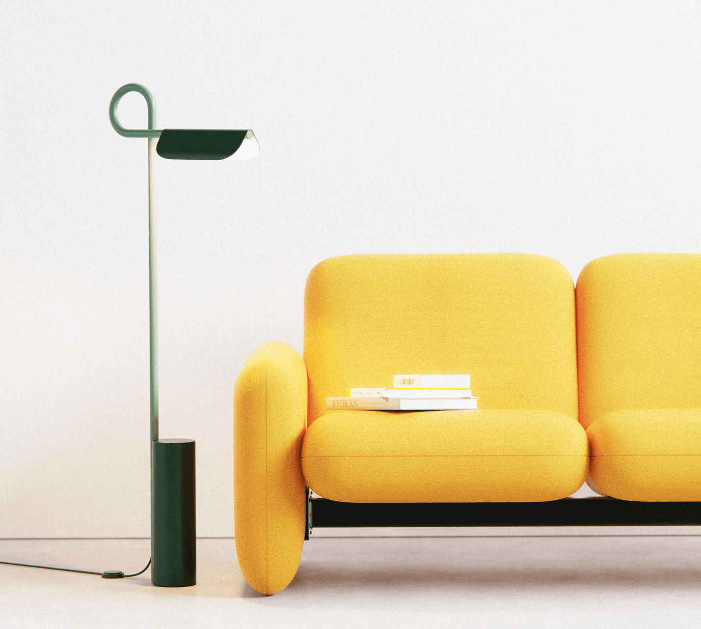 Loops Floor Lamp in sage green styled in a modern living room with yellow sofa, designed by noknok Studio