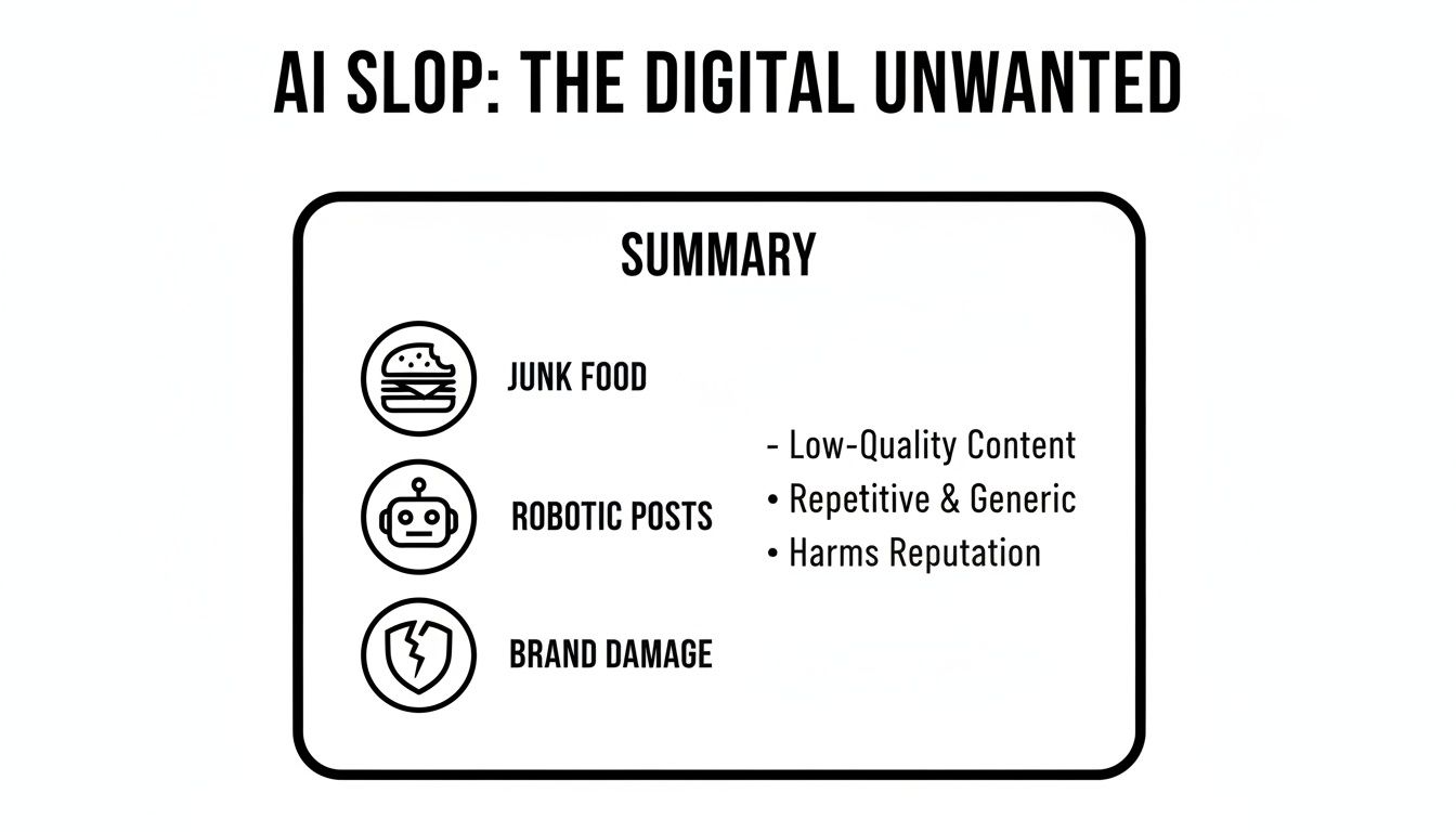 A summary of AI Slop, detailing its characteristics as low-quality, repetitive content, junk food, and brand damage.
