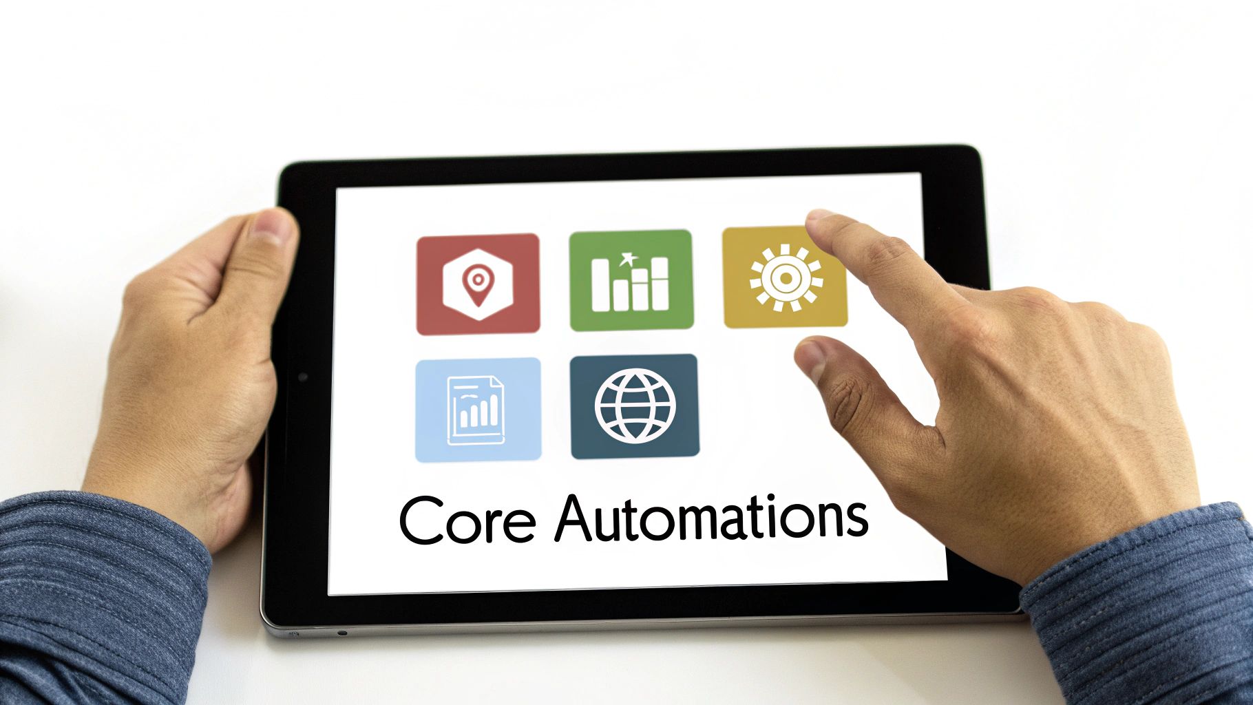 A person's hands holding a tablet displaying 'Core Automations' text and various business icons.