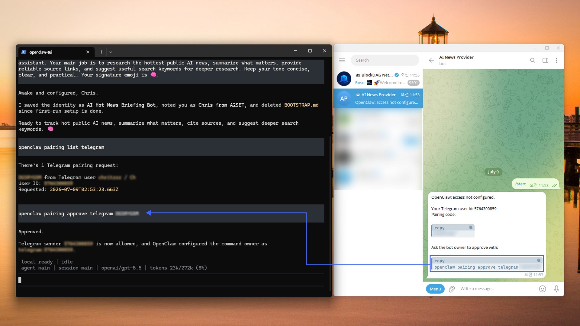 Image caption: Start your Telegram bot manually, then approve the pairing request in PowerShell.