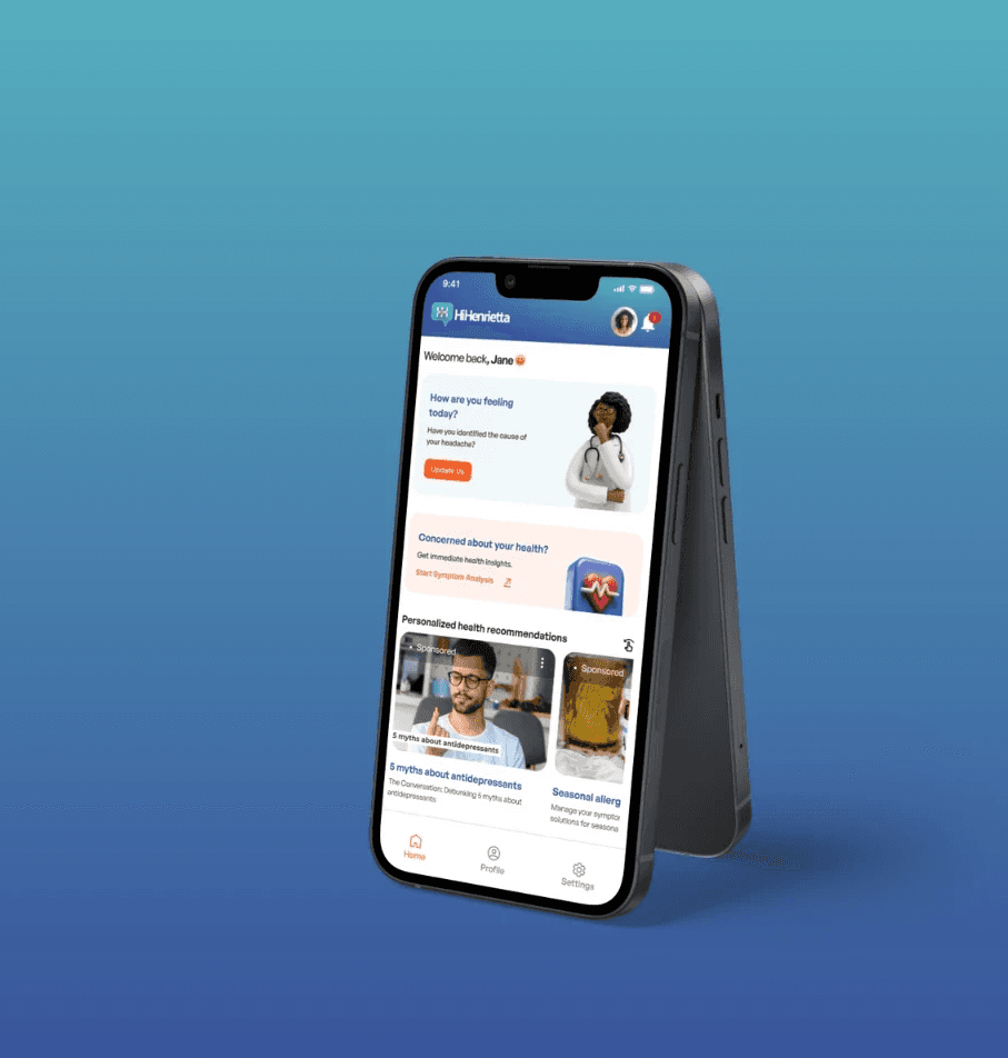 Mock image of the homescreen of the HiHenrieta application and the slogan "Your healthcare, your way, one chat away!"